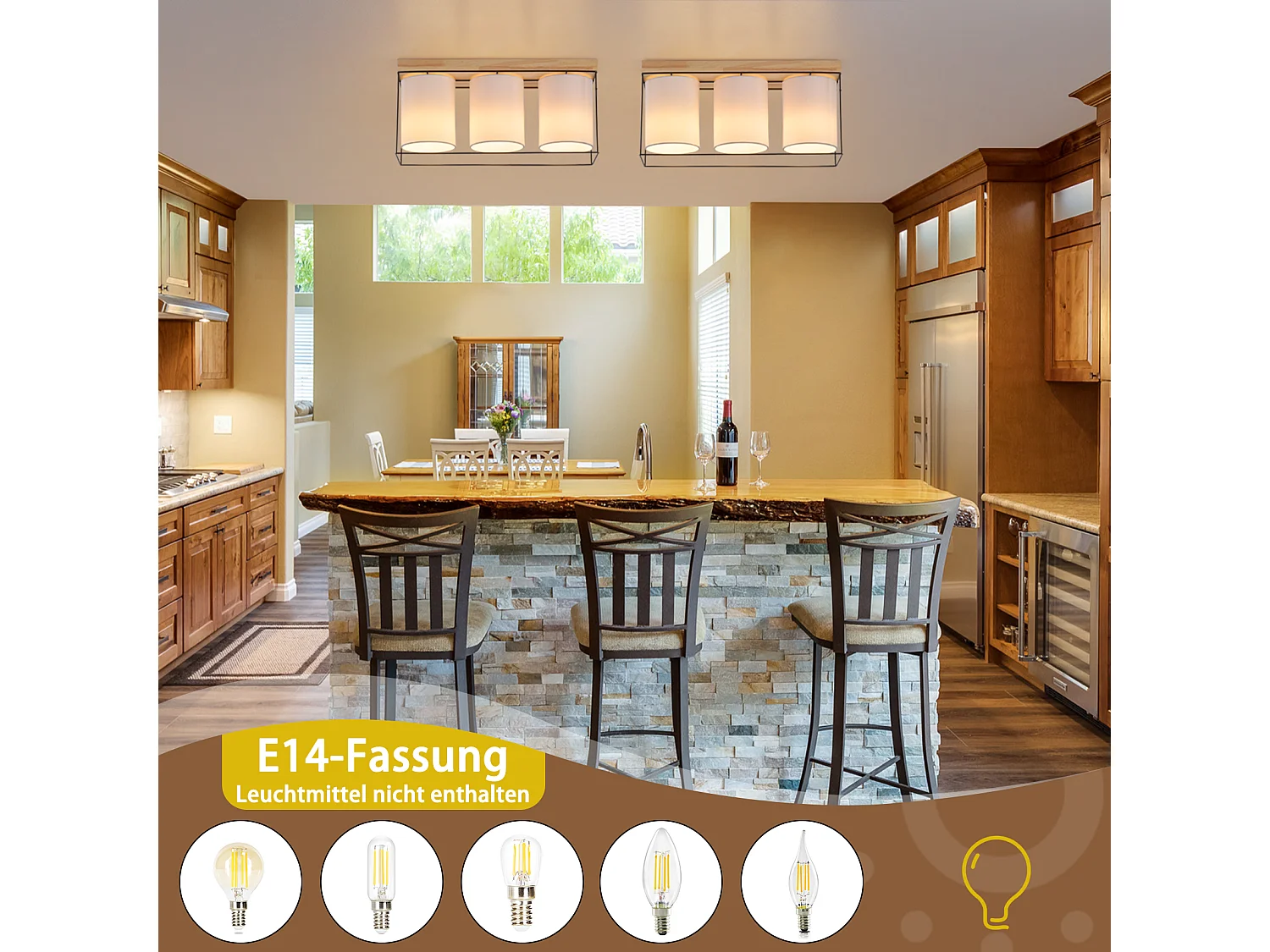 NETTLIFE Lámpara de techo para salón, de madera, 3 bombillas E14, estilo vintage con toques retro industrial.