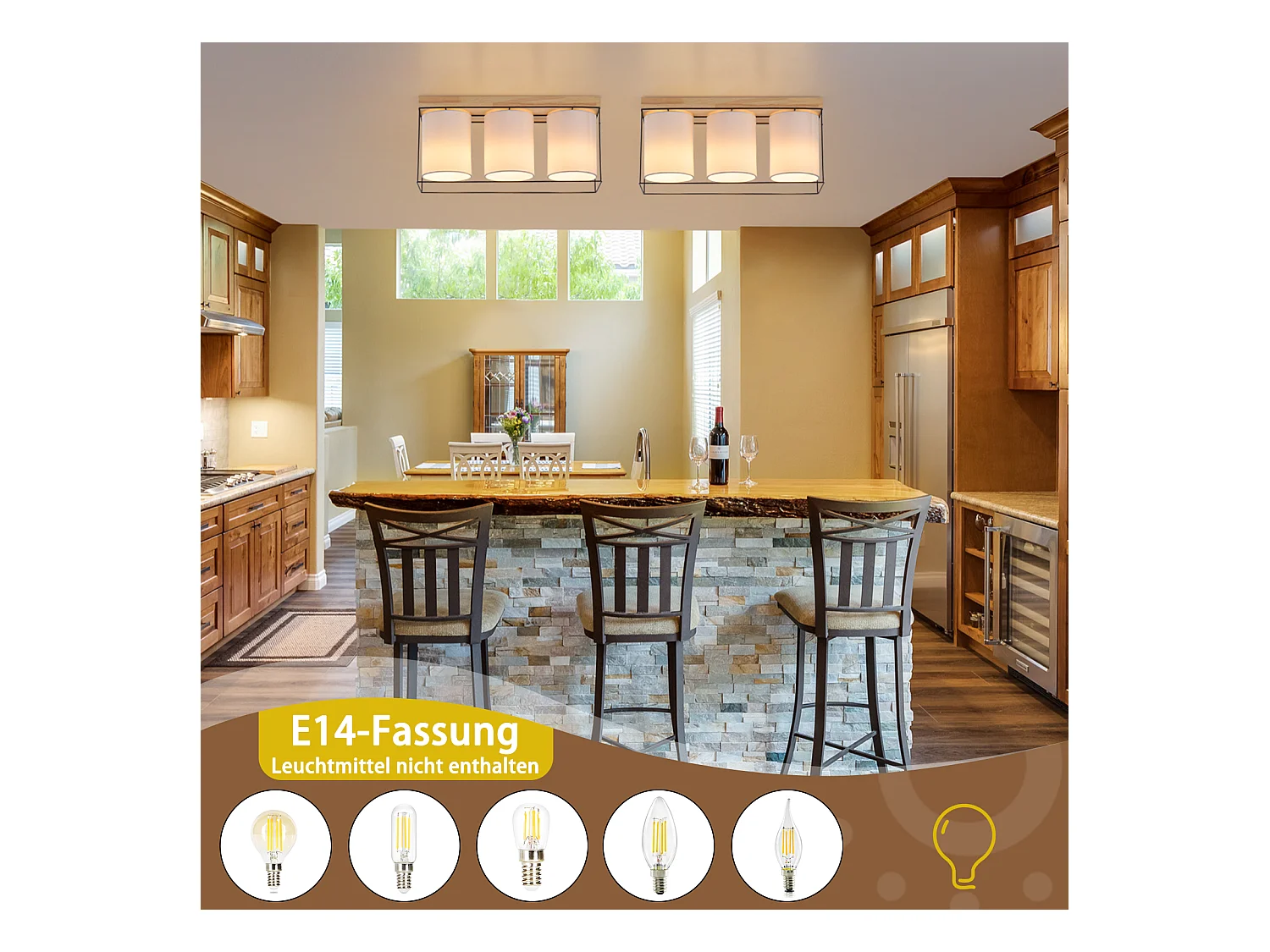 NETTLIFE Deckenleuchte Wohnzimmer Deckenlampe Holz 3 flammig E14 Vintage mit Retro Industrial