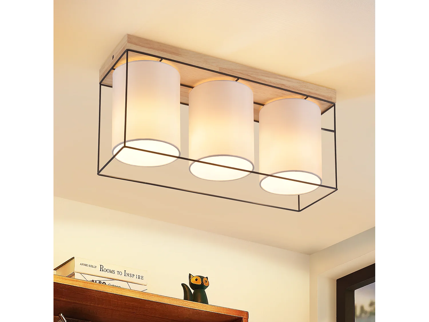 NETTLIFE Lampa sufitowa do salonu, lampa sufitowa, drewno, 3 żarówki E14, vintage z retro industrial