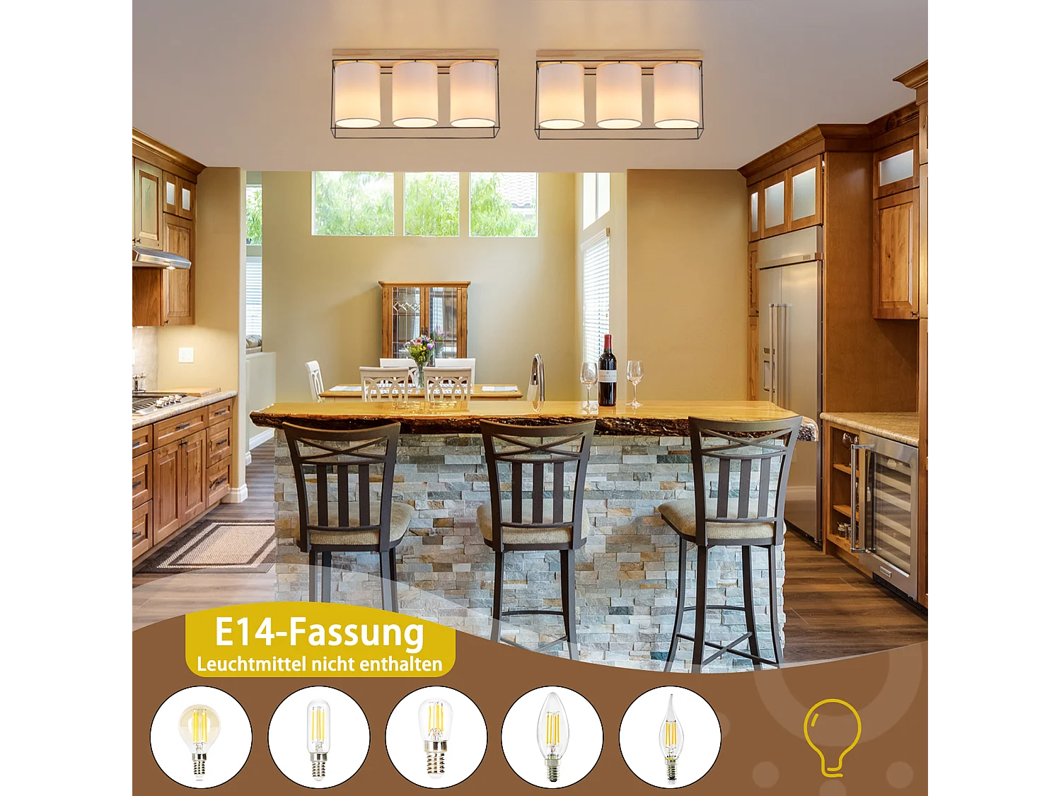 NETTLIFE Lampa sufitowa do salonu, lampa sufitowa, drewno, 3 żarówki E14, vintage z retro industrial