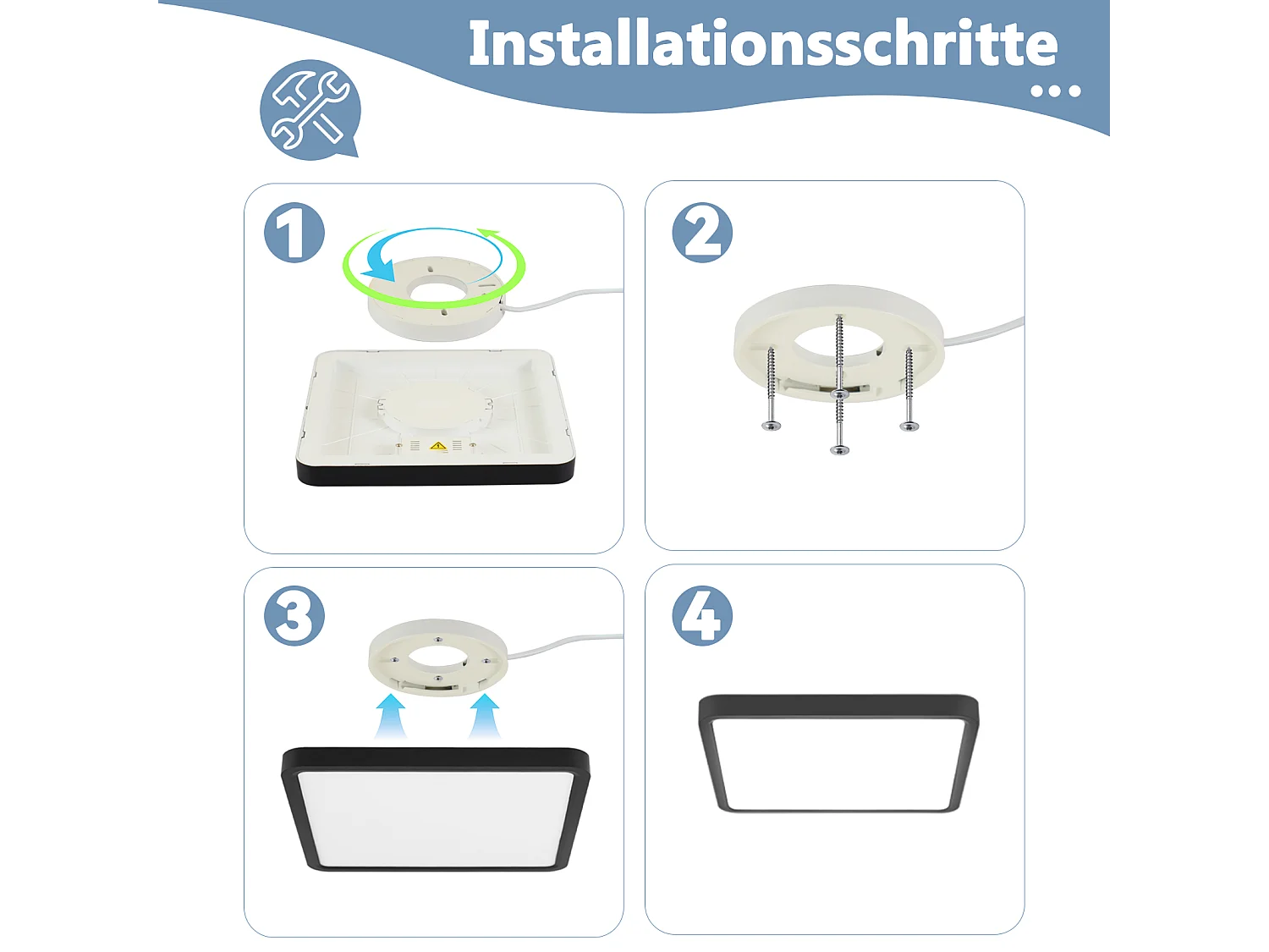 NETTLIFE Plafonnier LED plat 23CM 6500K 18W carré chambre noir LED intégré en permanence