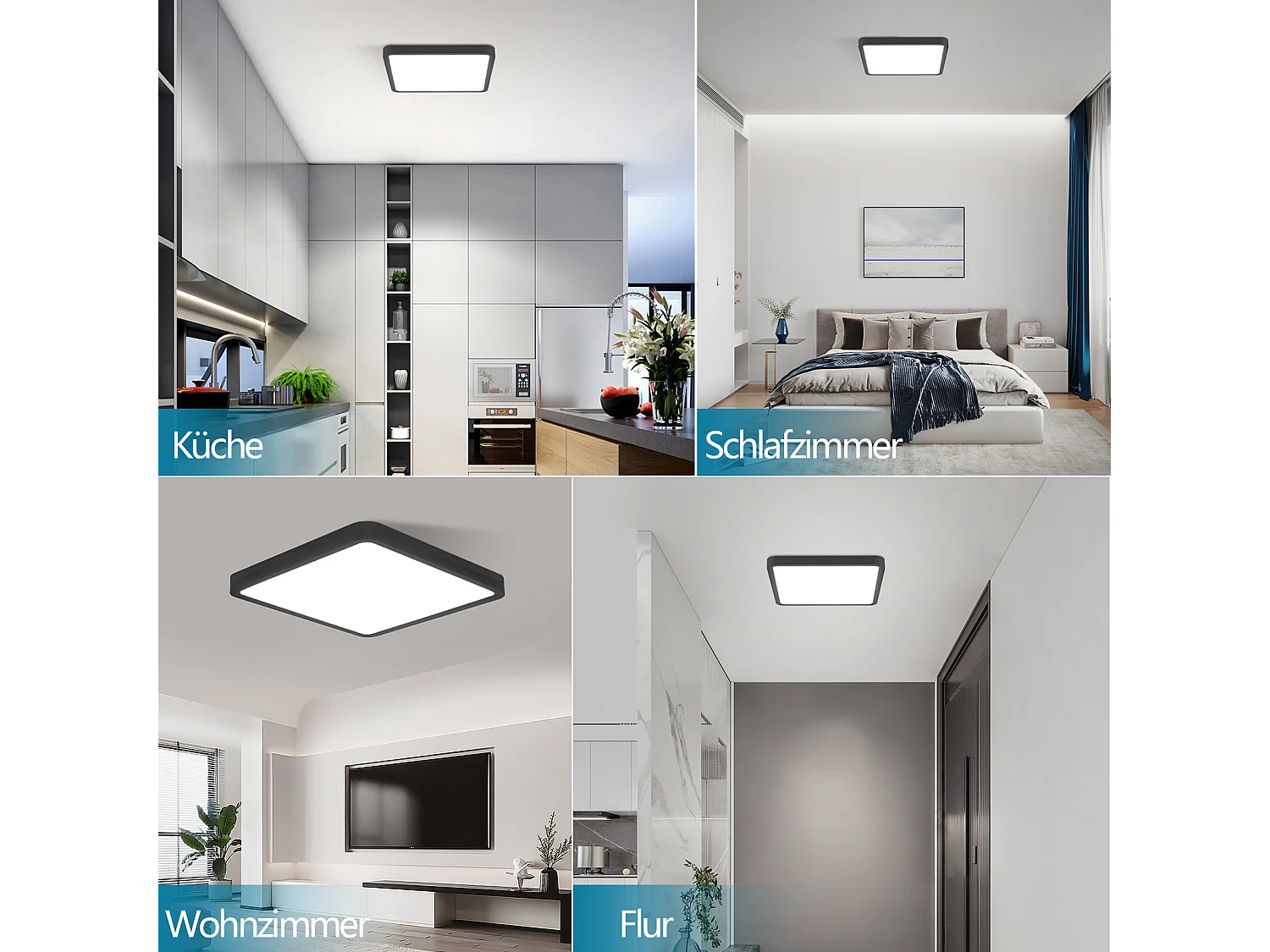 NETTLIFE Plafonnier LED plat 23CM 6500K 18W carré chambre noir LED intégré en permanence