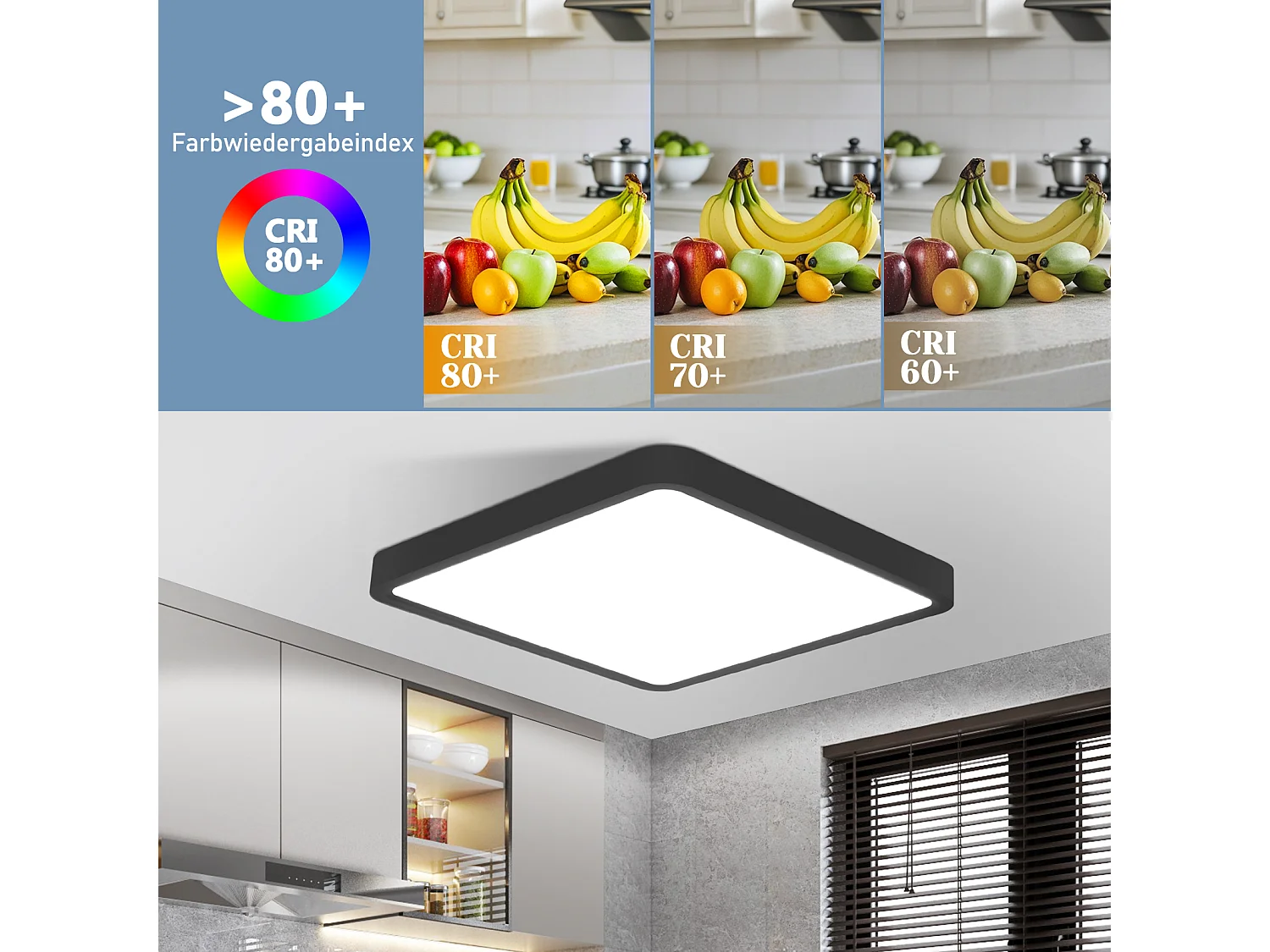 NETTLIFE Plafonnier LED plat 23CM 6500K 18W carré chambre noir LED intégré en permanence