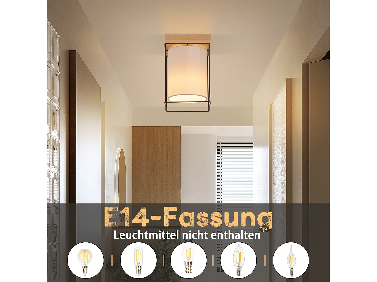 NETTLIFE Lampa sufitowa do korytarza, lampa sufitowa z drewna, 1 żarówka E14, lampa do korytarza w stylu retro industrialnym