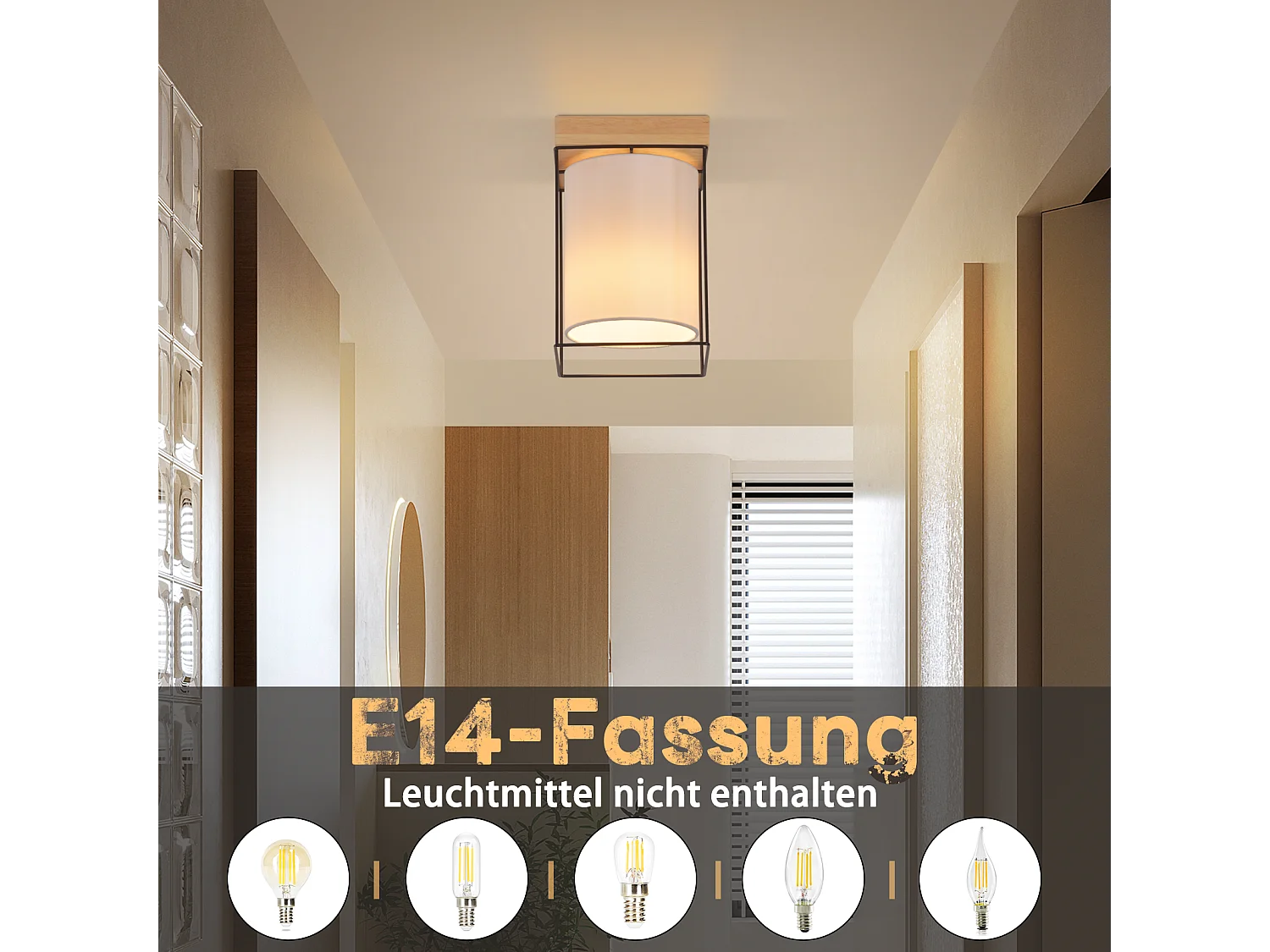 NETTLIFE Plafonnier couloir plafonnier bois 1 ampoule E14 lampe de couloir vintage avec rétro industriel