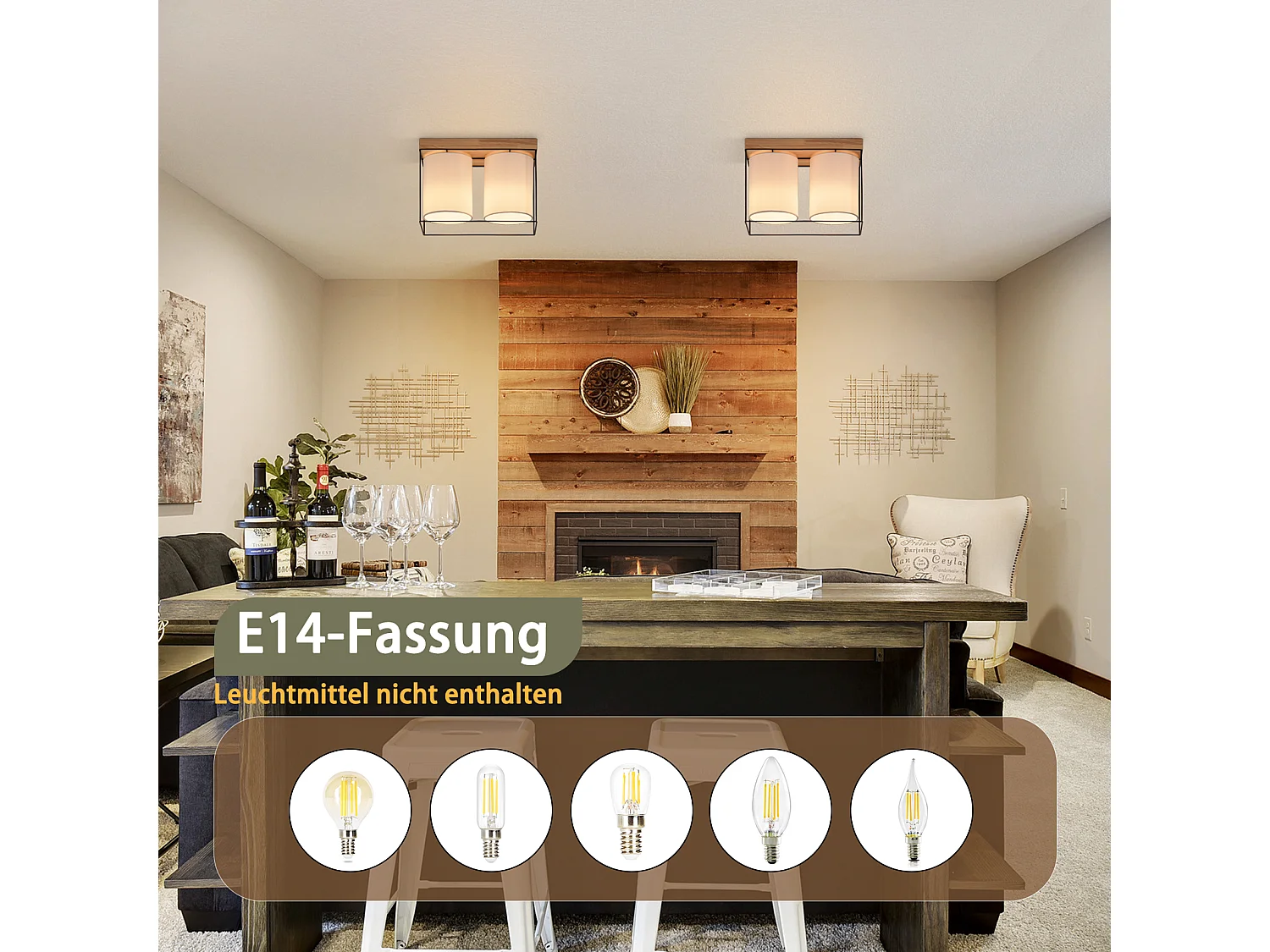 NETTLIFE Lampa sufitowa sypialniana vintage lampa sufitowa 2 żarówki E14 drewno z retro industrial