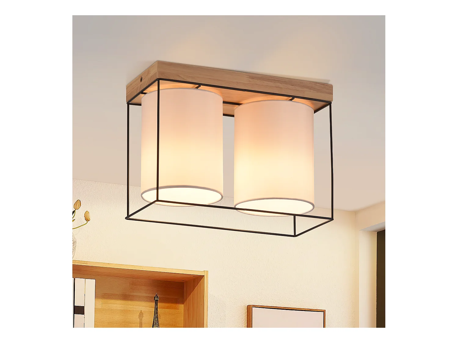 NETTLIFE Plafonnier chambre plafonnier vintage 2 ampoules E14 bois avec rétro industriel