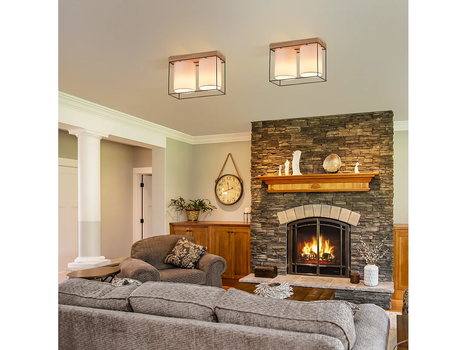 NETTLIFE Lámpara de techo dormitorio vintage plafón 2 bombillas E14 madera con estilo industrial retro