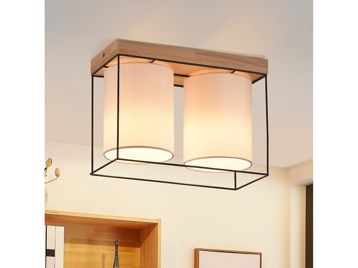 NETTLIFE Plafonnier chambre plafonnier vintage 2 ampoules E14 bois avec rétro industriel