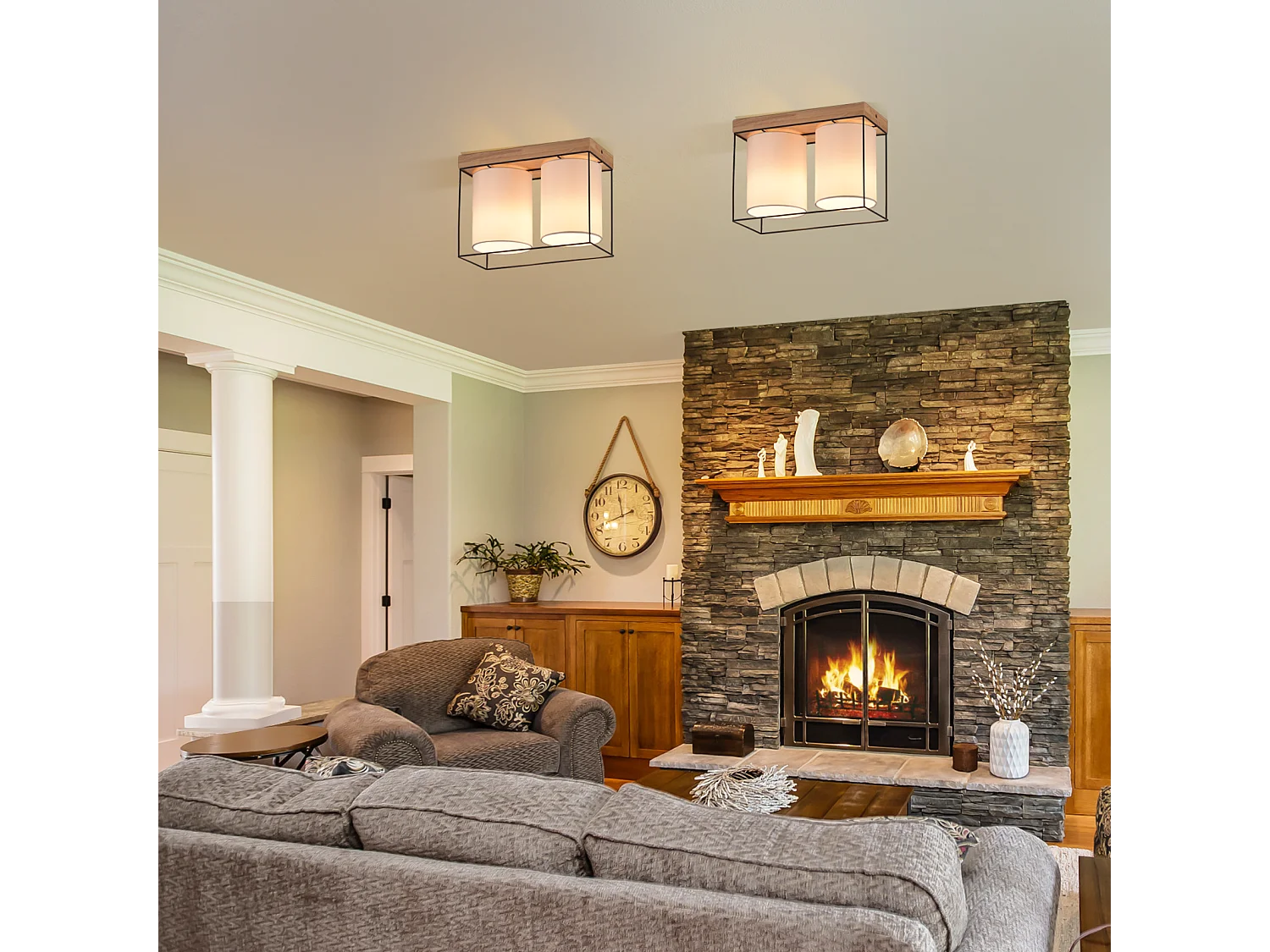 NETTLIFE Plafonnier chambre plafonnier vintage 2 ampoules E14 bois avec rétro industriel