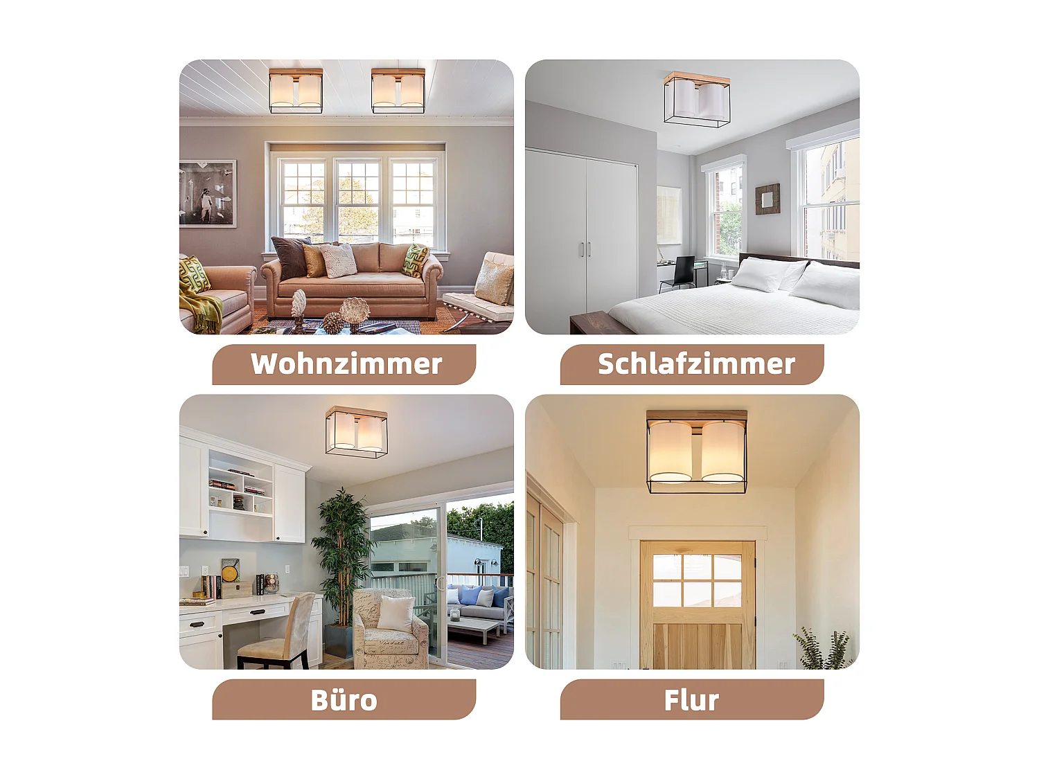 NETTLIFE Plafonnier chambre plafonnier vintage 2 ampoules E14 bois avec rétro industriel