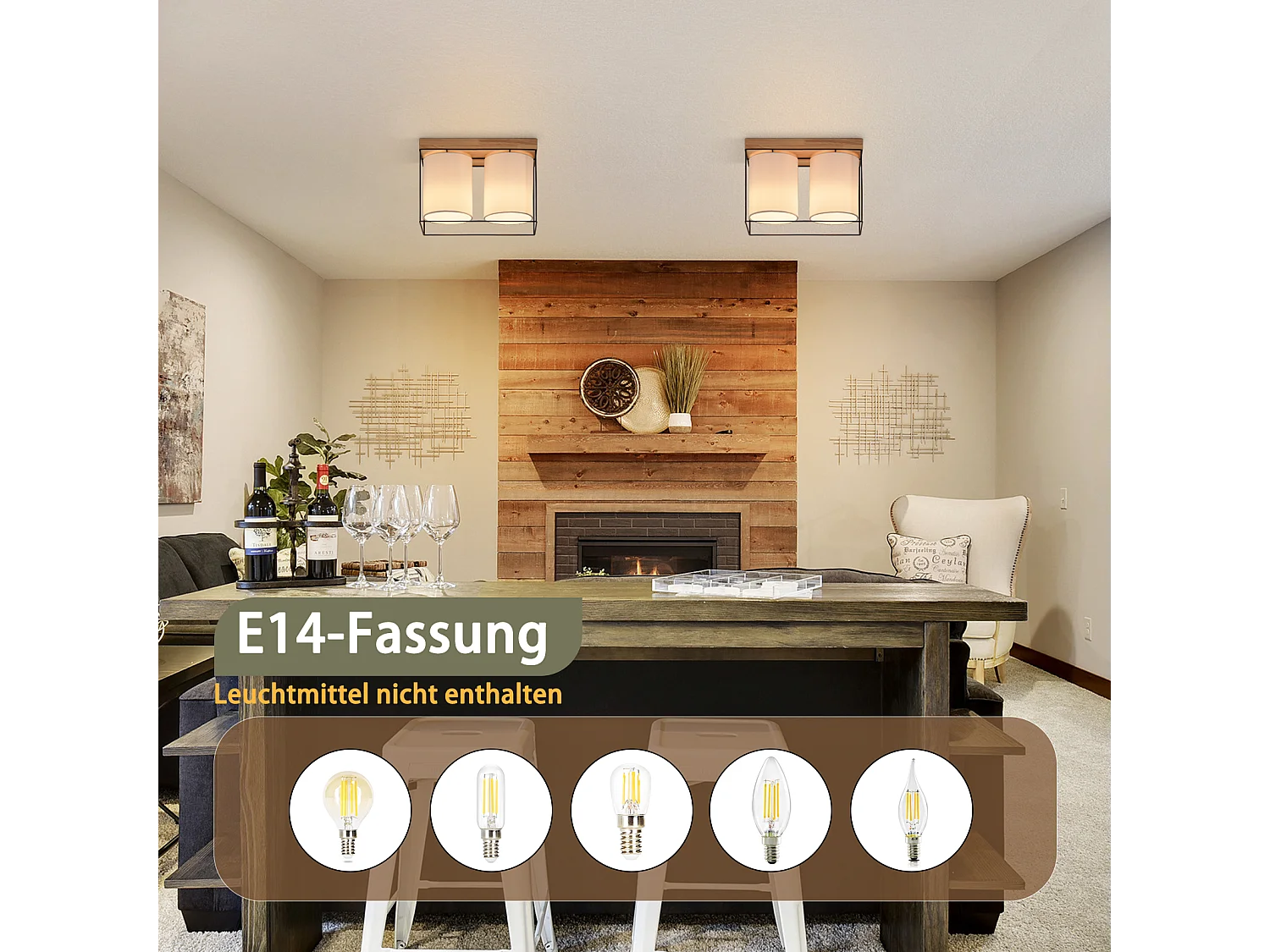 NETTLIFE Plafonnier chambre plafonnier vintage 2 ampoules E14 bois avec rétro industriel