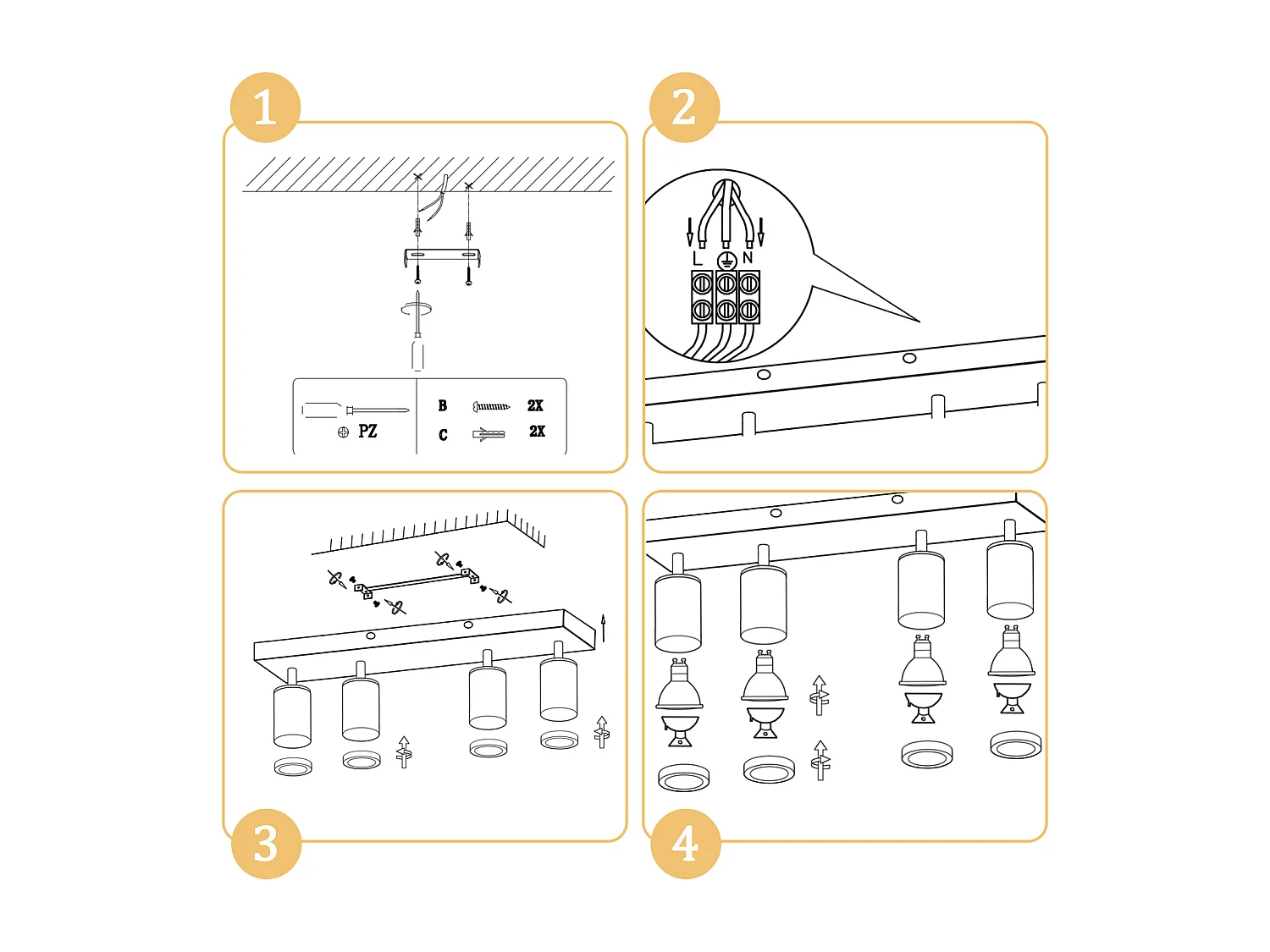 NETTLIFE Plafonnier Spot de plafond 4 flammes Plafonnier bois GU10 355° orientable Noir Vintage Industriel