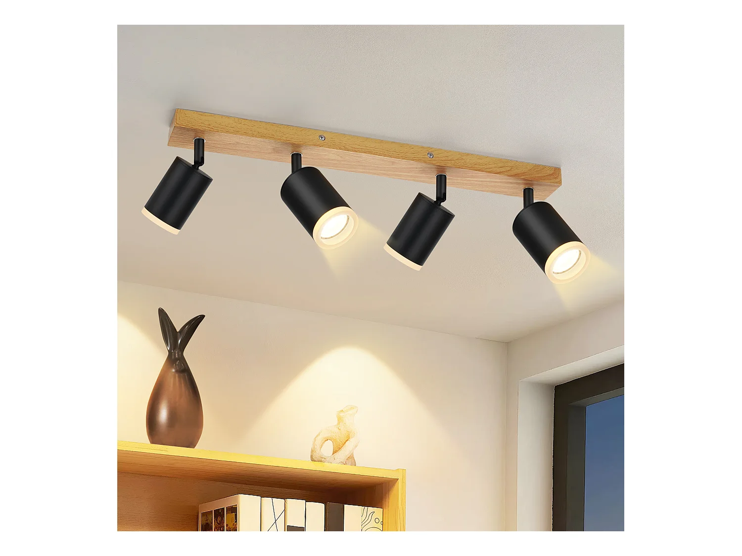 NETTLIFE Plafonnier Spot de plafond 4 flammes Plafonnier bois GU10 355° orientable Noir Vintage Industriel