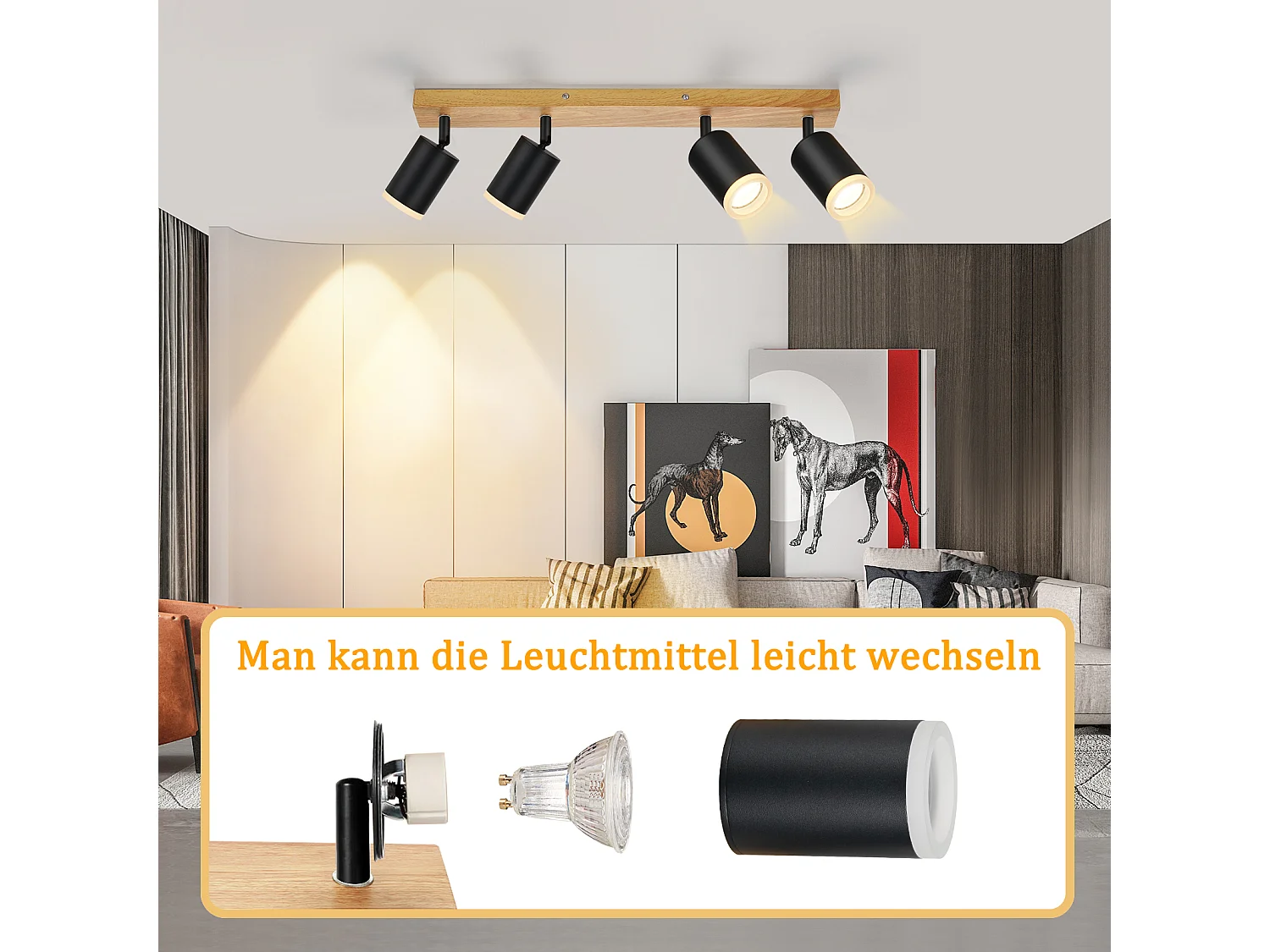 NETTLIFE Lampa sufitowa Reflektor sufitowy 4 płomienie Drewniana lampa sufitowa GU10 355° Regulowana Czarna Vintage Industrial