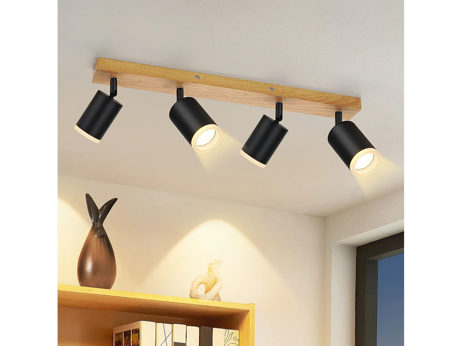NETTLIFE Opbouwspot Hout GU10 Fitting L 54cm Zwart 4-Lichts 350° draaibaar Vintage Plafondlamp Plafondspot voor Hal Slaafkamer Kantoor Woonkamer Zonder Lichtborn