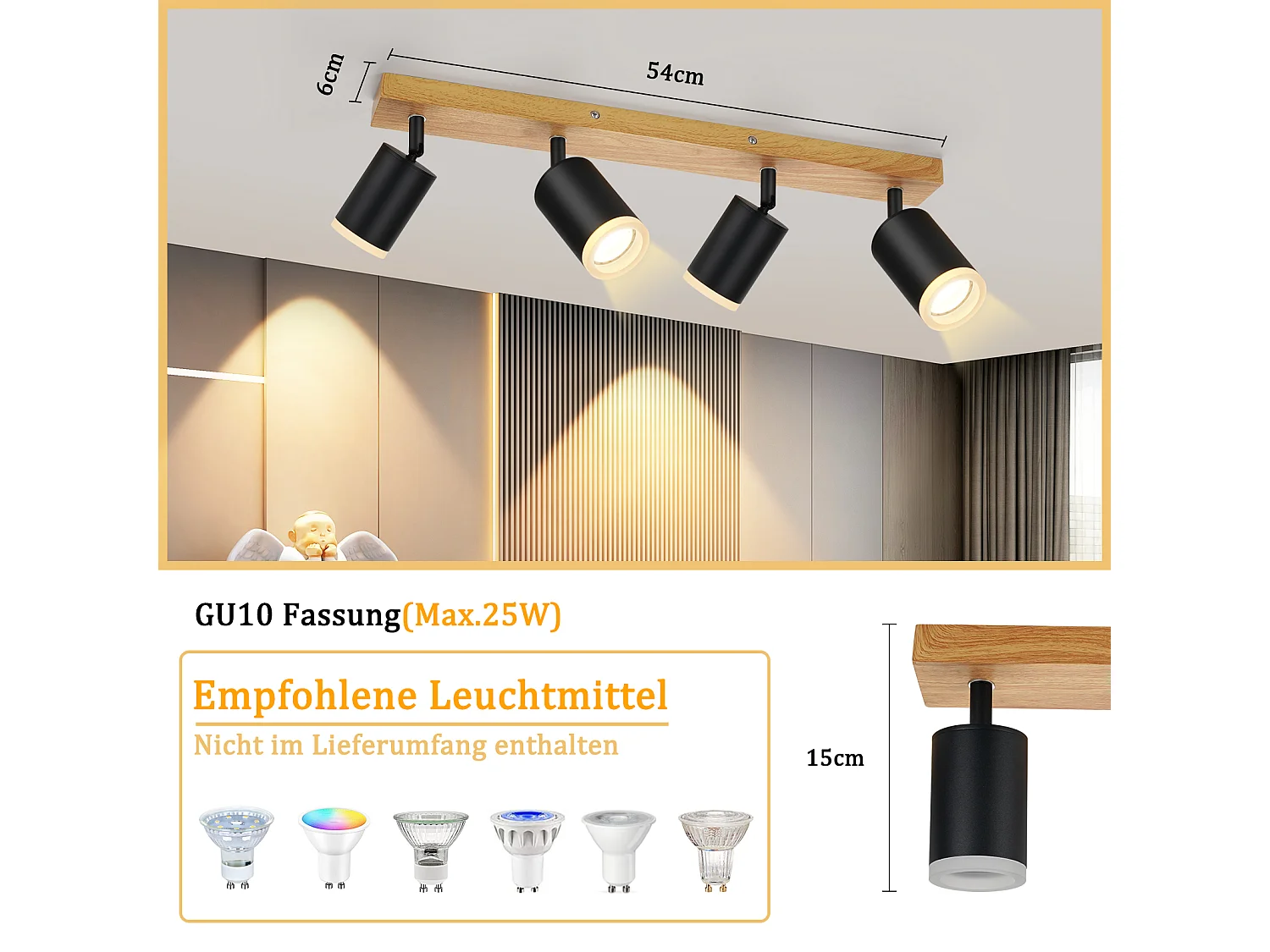 NETTLIFE Opbouwspot Hout GU10 Fitting L 54cm Zwart 4-Lichts 350° draaibaar Vintage Plafondlamp Plafondspot voor Hal Slaafkamer Kantoor Woonkamer Zonder Lichtborn