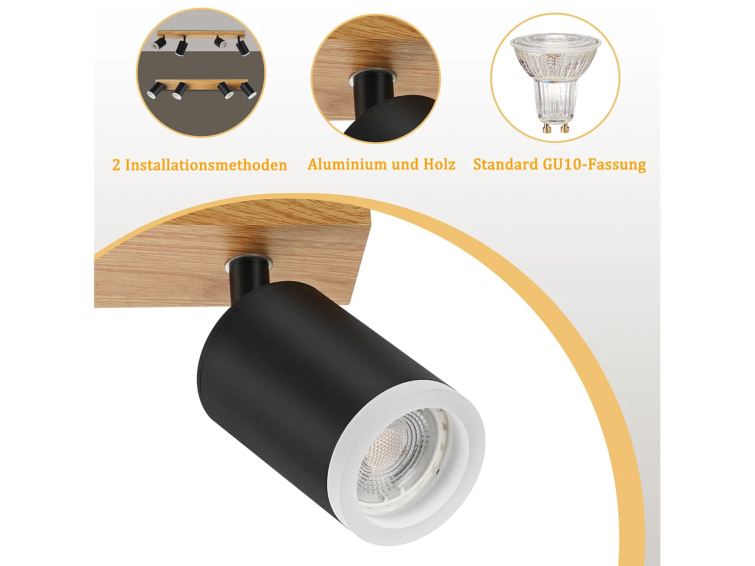 NETTLIFE Opbouwspot Hout GU10 Fitting L 54cm Zwart 4-Lichts 350° draaibaar Vintage Plafondlamp Plafondspot voor Hal Slaafkamer Kantoor Woonkamer Zonder Lichtborn