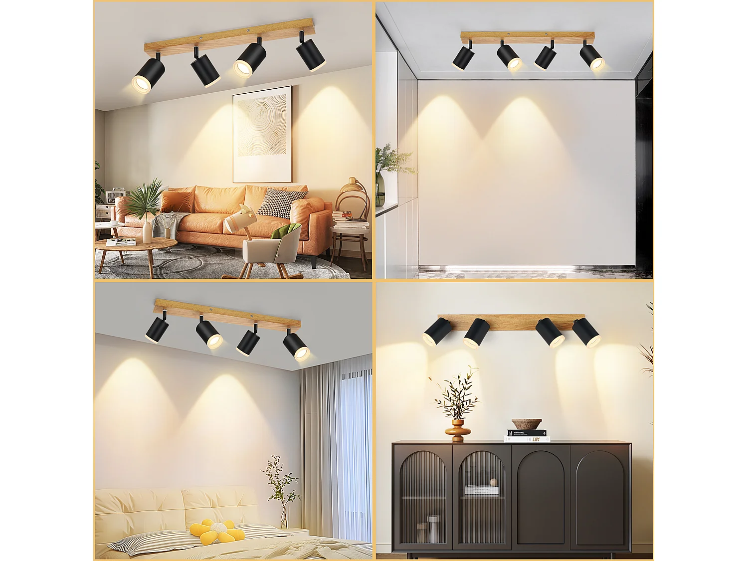 NETTLIFE Opbouwspot Hout GU10 Fitting L 54cm Zwart 4-Lichts 350° draaibaar Vintage Plafondlamp Plafondspot voor Hal Slaafkamer Kantoor Woonkamer Zonder Lichtborn