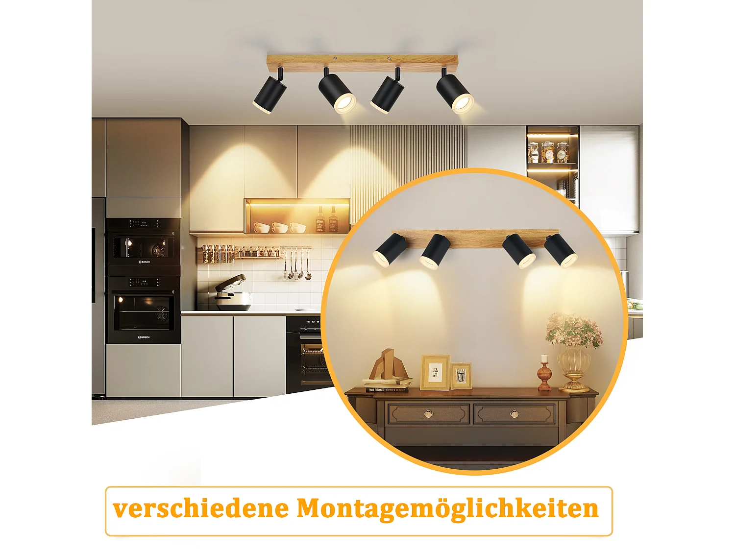 NETTLIFE Deckenstrahler mit 4 Leuchten, Holz-Deckenleuchte, GU10, 355° verstellbarer Abstrahlwinkel, Schwarz, Vintage-Industrie-Stil