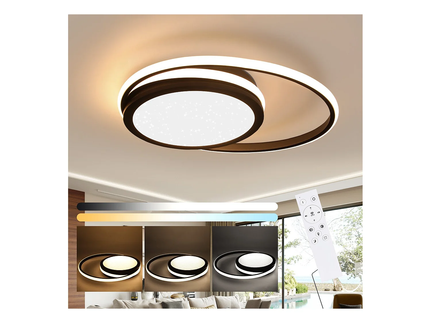 NETTLIFE Plafonnier LED salon dimmable avec télécommande noir 56 W LED intégré en permanence