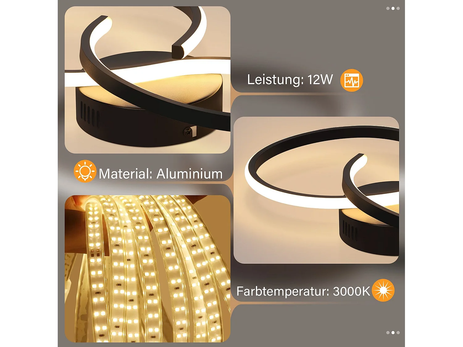 NETTLIFE Plafonnier LED salon moderne noir 12W intérieur 3000K LED blanc chaud