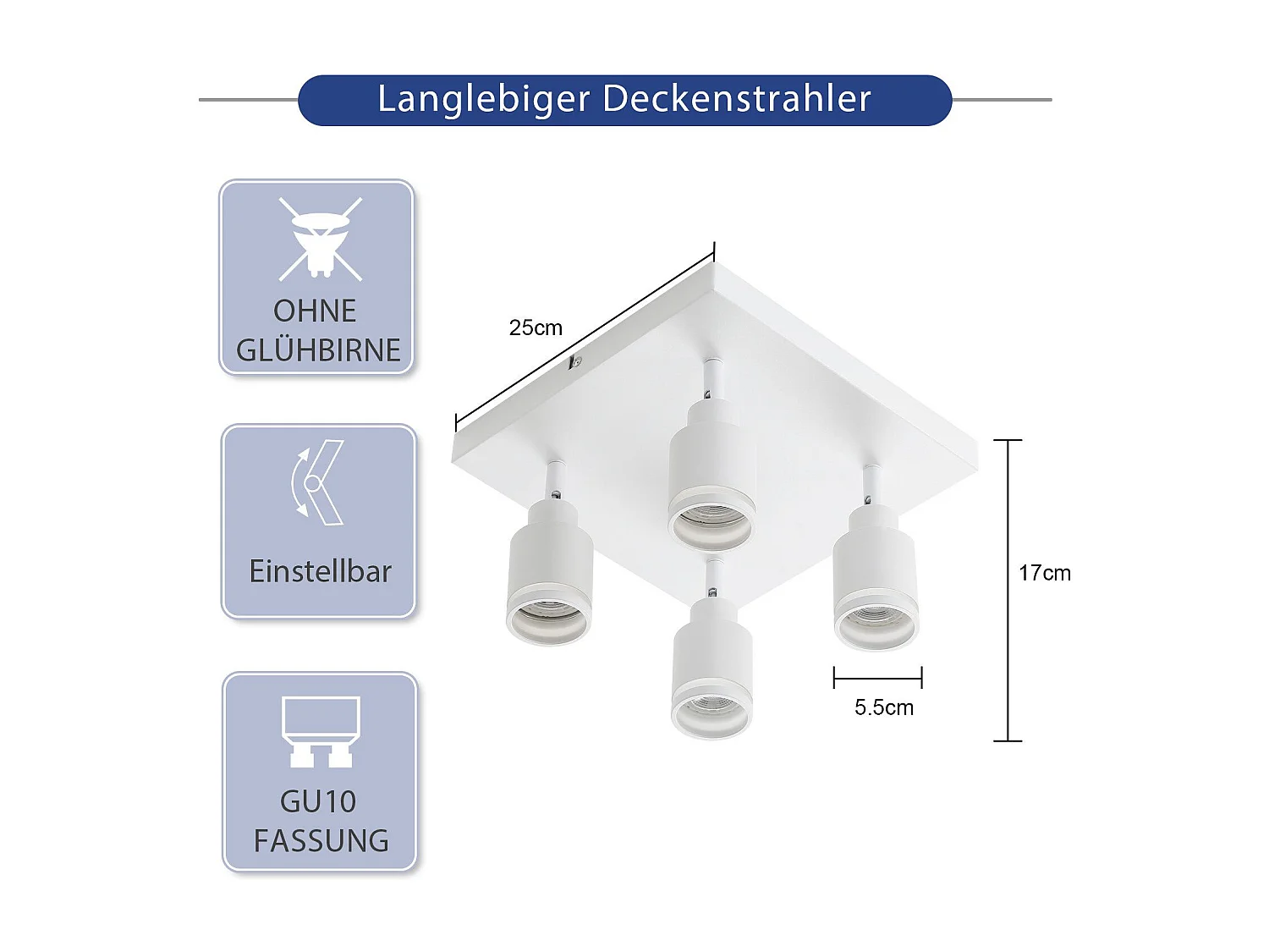 NETTLIFE LED Deckenleuchte 4er Eckig Deckenspots Weiß Verstellbar Wandstrahler GU10 Ohne Leuchtmittel