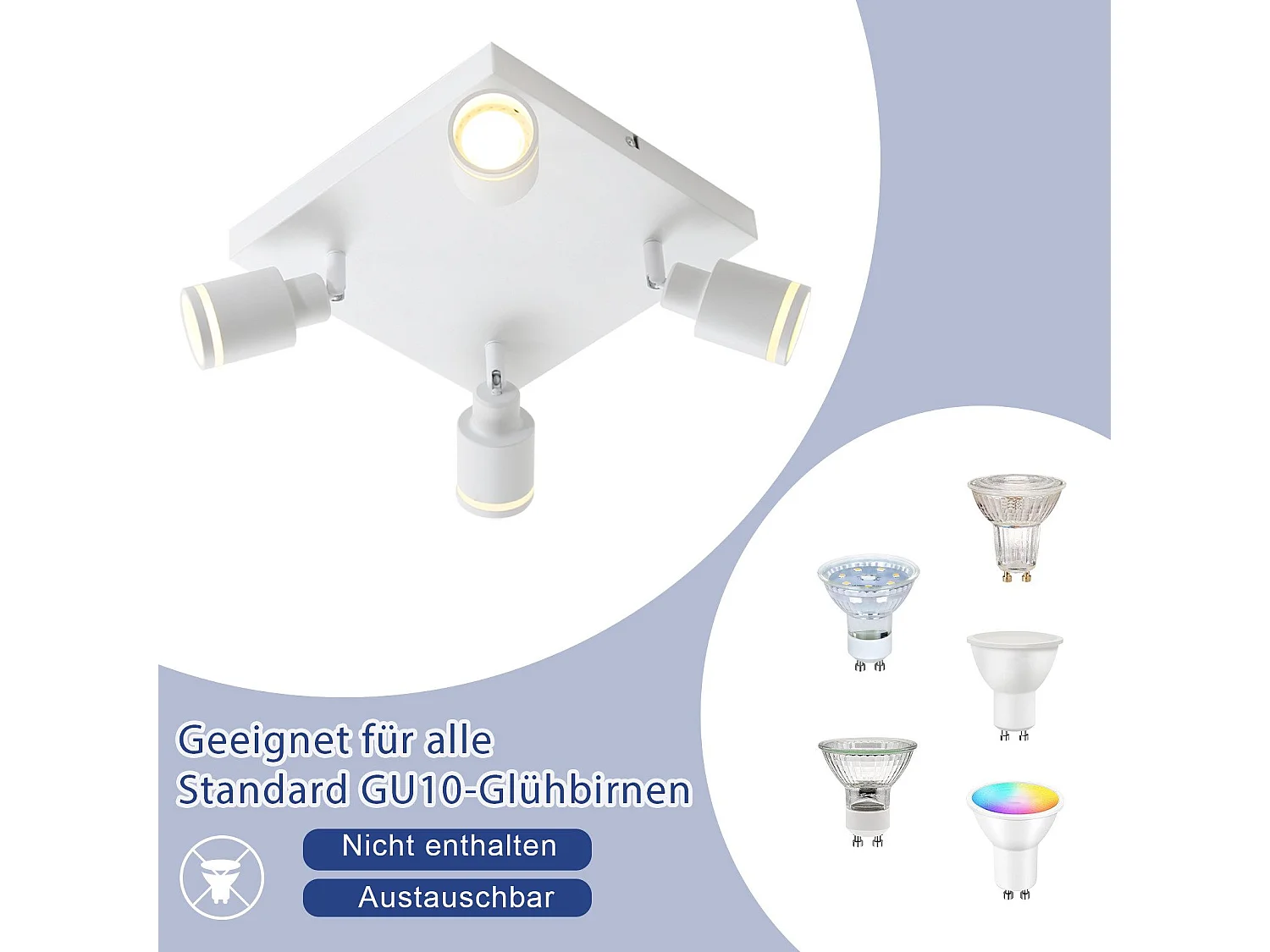 NETTLIFE Plafonnier LED 4 Spots de plafond : modèles carrés plafonnier Blanc Spot mural orientable GU10 intérieur métal, sans ampoule