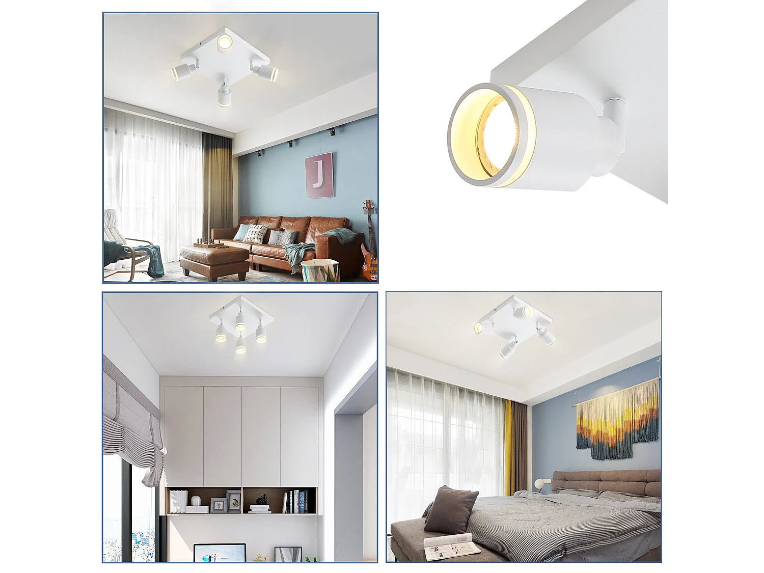 NETTLIFE LED-Deckenleuchte mit 4 quadratischen Deckenstrahlern, Weiß, verstellbarer GU10-Wandstrahler (Leuchtmittel nicht enthalten)