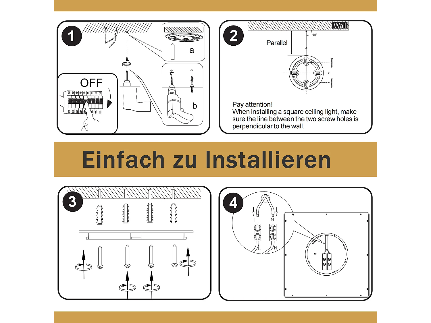 NETTLIFE Lámpara de techo LED plana para dormitorio, 23 cm, 18 W, cuadrada, negra, 3000 K