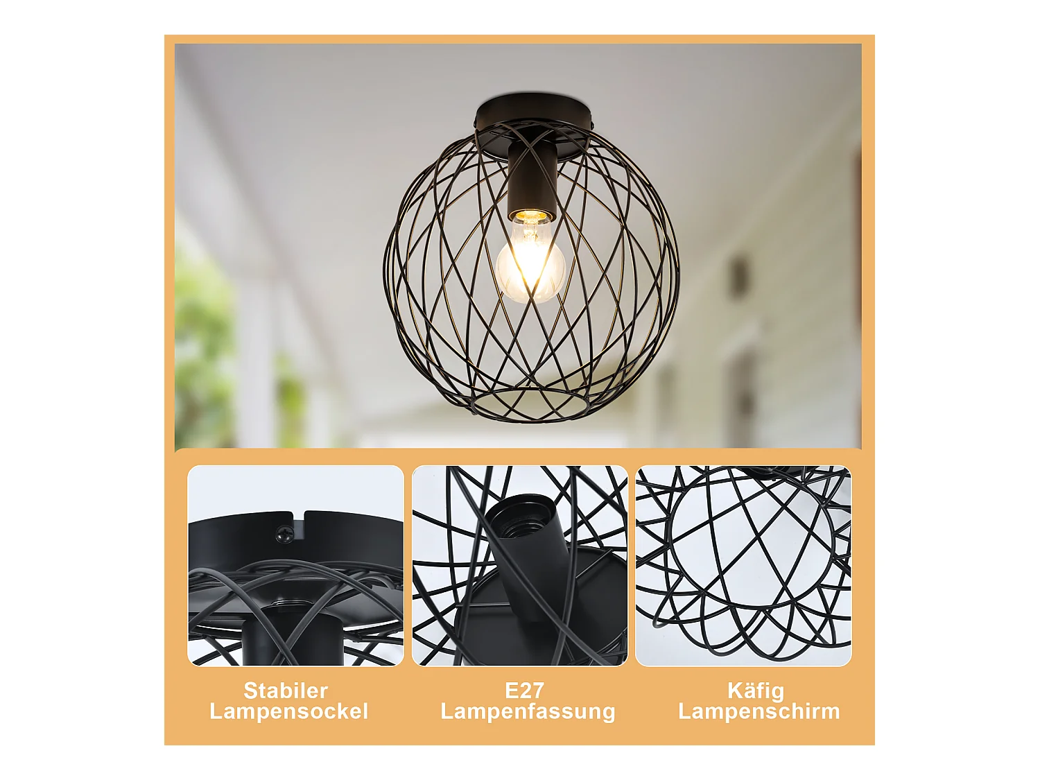 NETTLIFE Deckenleuchte Vintage Schwarz Industrielle Deckenlampe - Flurlampe E27 1-flammig Retro Metallkäfig