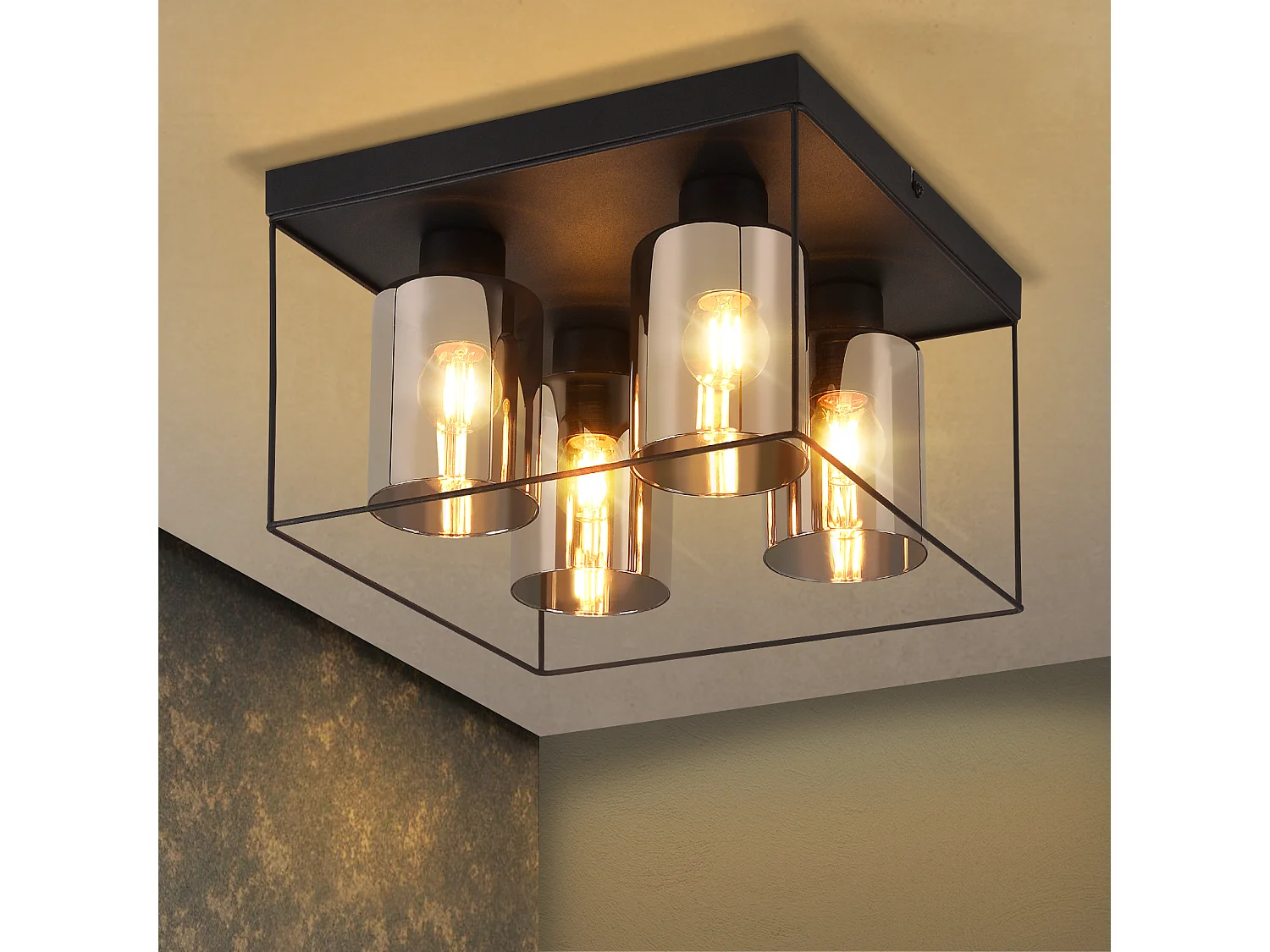 NETTLIFE Lampa sufitowa do salonu, lampa sufitowa, szkło, 4 żarówki, E27, vintage, czarny, styl industrialny, metal, retro