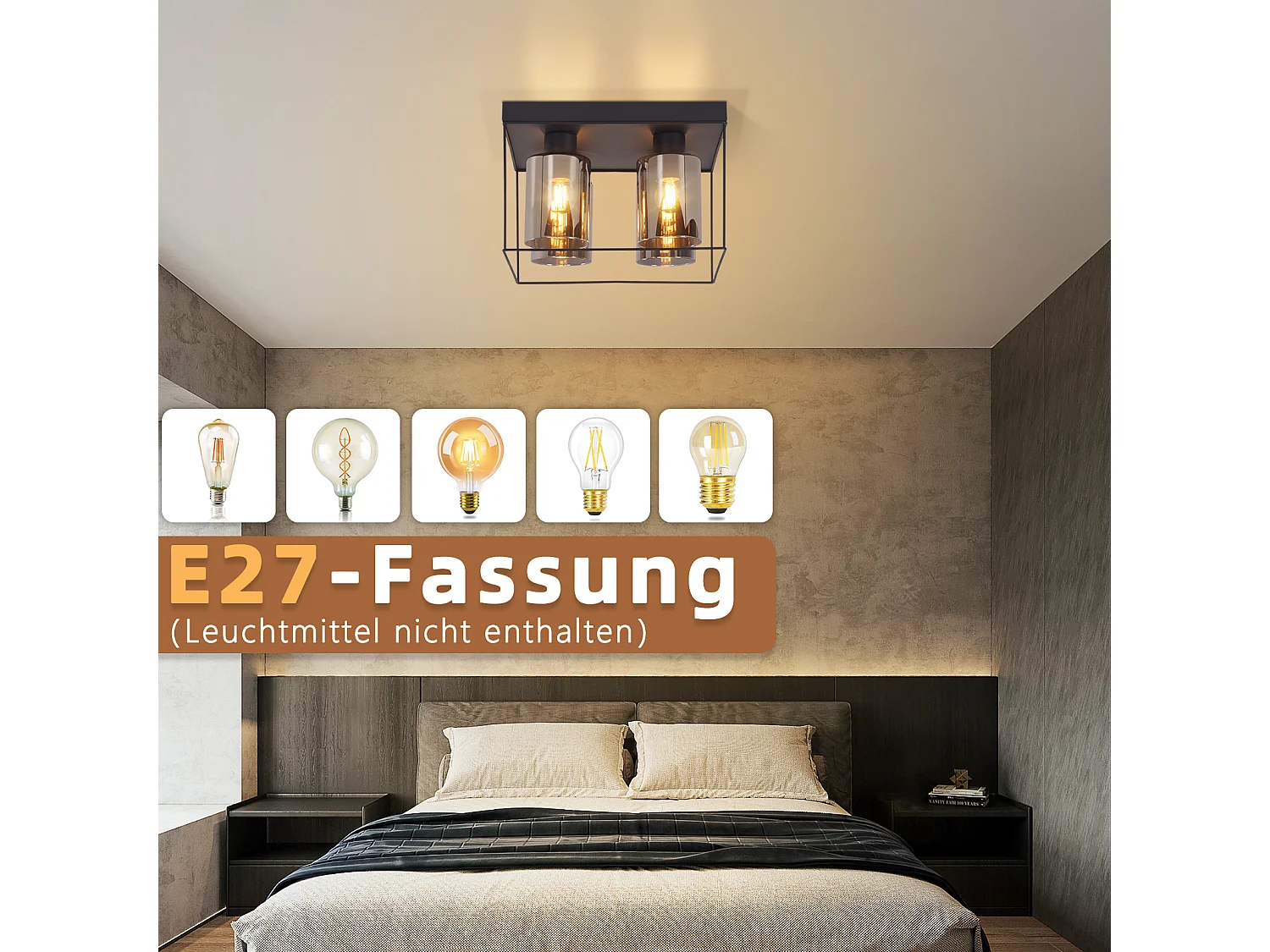 NETTLIFE Lampa sufitowa do salonu, lampa sufitowa, szkło, 4 żarówki, E27, vintage, czarny, styl industrialny, metal, retro