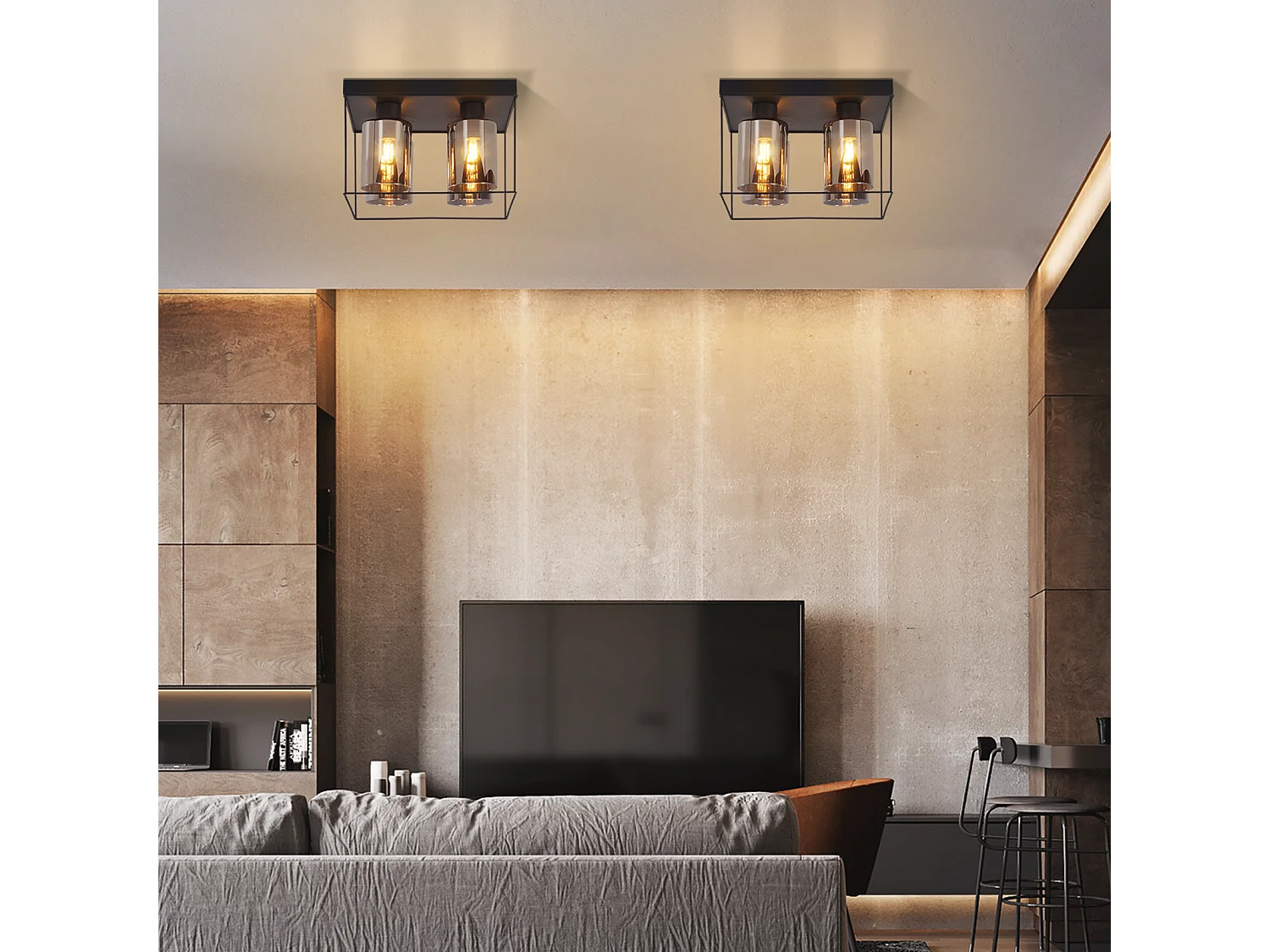 NETTLIFE Lampa sufitowa do salonu, lampa sufitowa, szkło, 4 żarówki, E27, vintage, czarny, styl industrialny, metal, retro