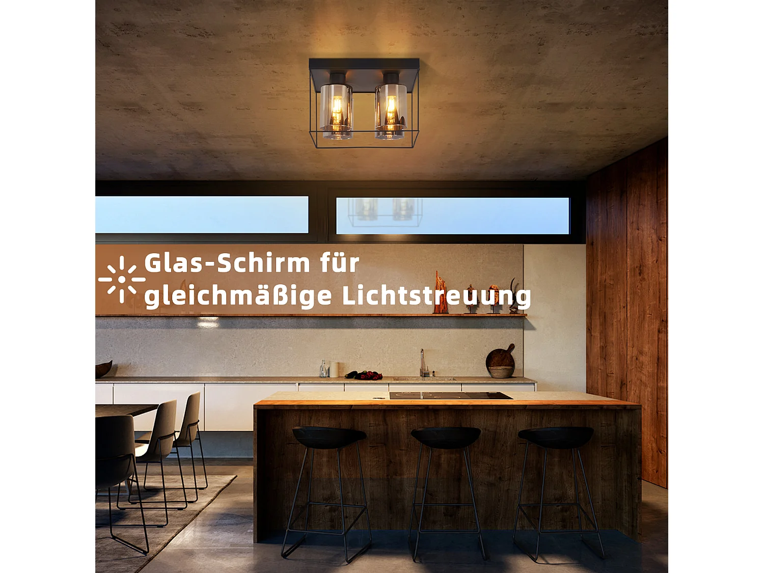 NETTLIFE Lampa sufitowa do salonu, lampa sufitowa, szkło, 4 żarówki, E27, vintage, czarny, styl industrialny, metal, retro