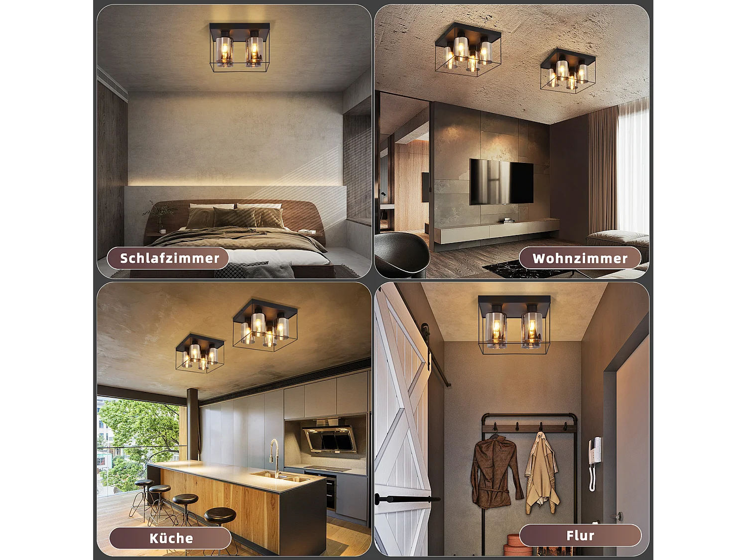 NETTLIFE Lampa sufitowa do salonu, lampa sufitowa, szkło, 4 żarówki, E27, vintage, czarny, styl industrialny, metal, retro