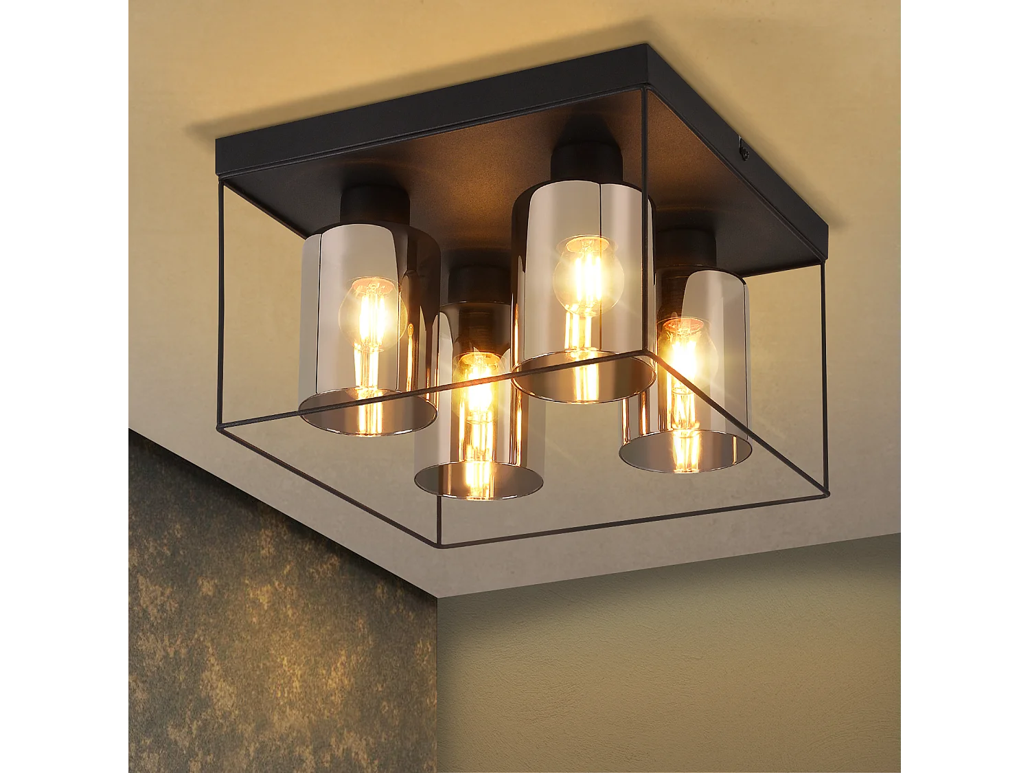 NETTLIFE Deckenleuchte Wohnzimmer Deckenlampe Glas 4 flammig E27 Vintage Schwarz Industriestil Metall Retro