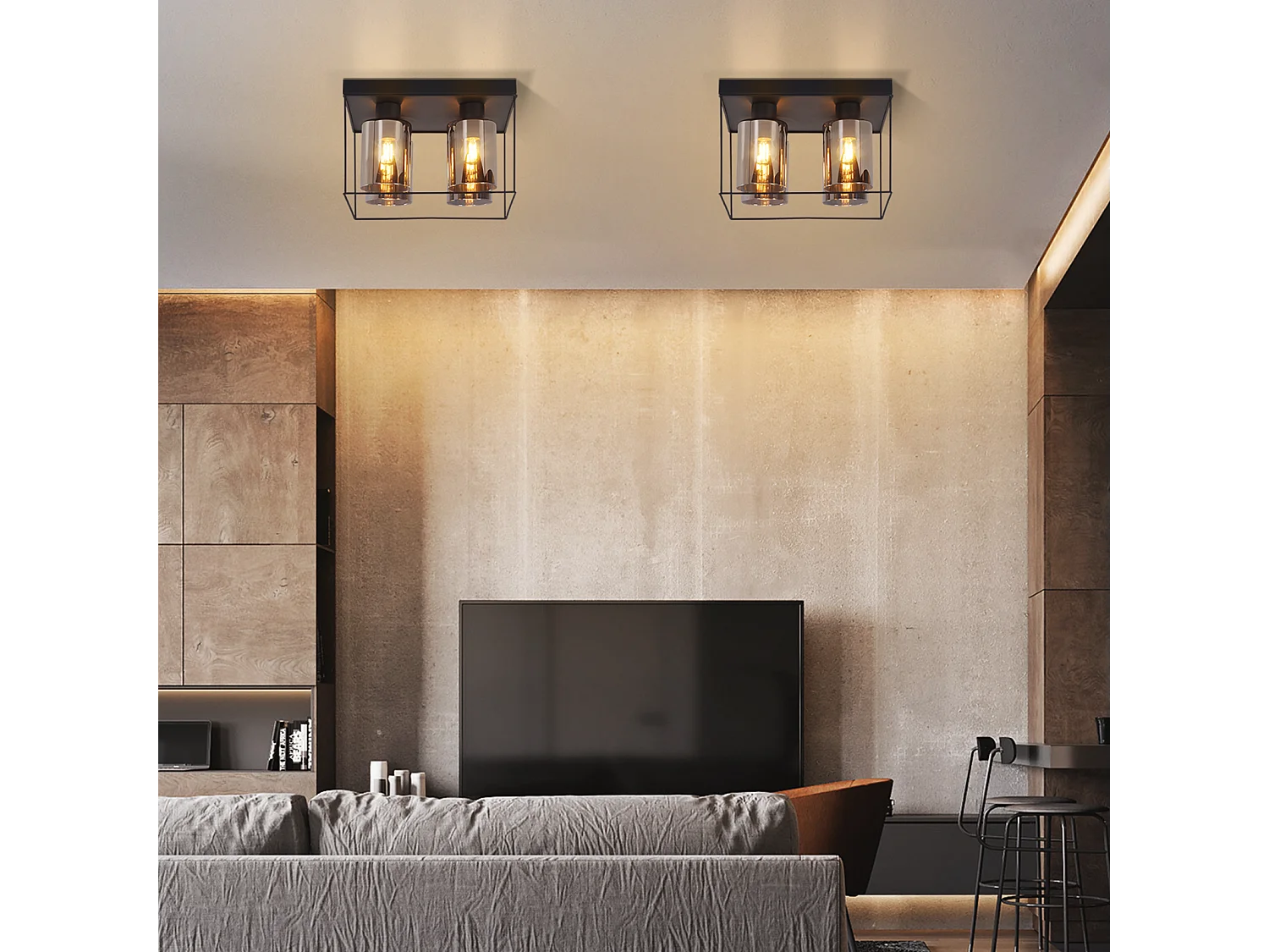 NETTLIFE Deckenleuchte Wohnzimmer Deckenlampe Glas 4 flammig E27 Vintage Schwarz Industriestil Metall Retro