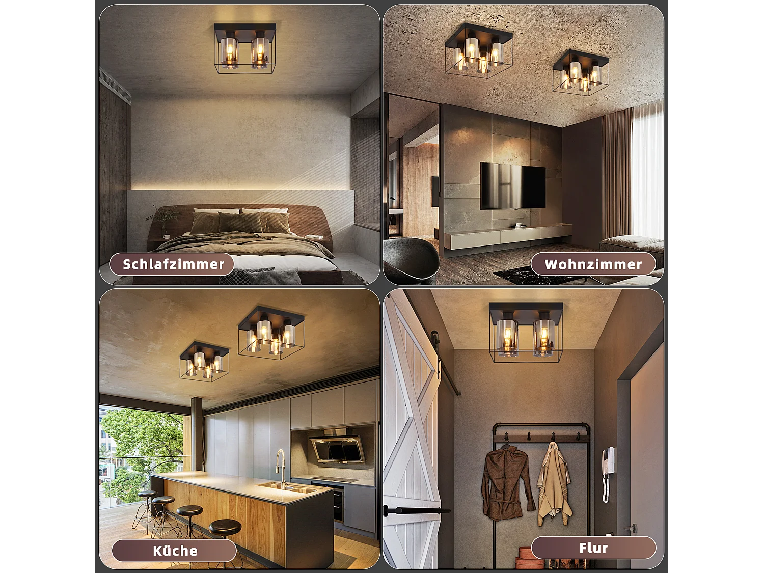 NETTLIFE Deckenleuchte Wohnzimmer Deckenlampe Glas 4 flammig E27 Vintage Schwarz Industriestil Metall Retro