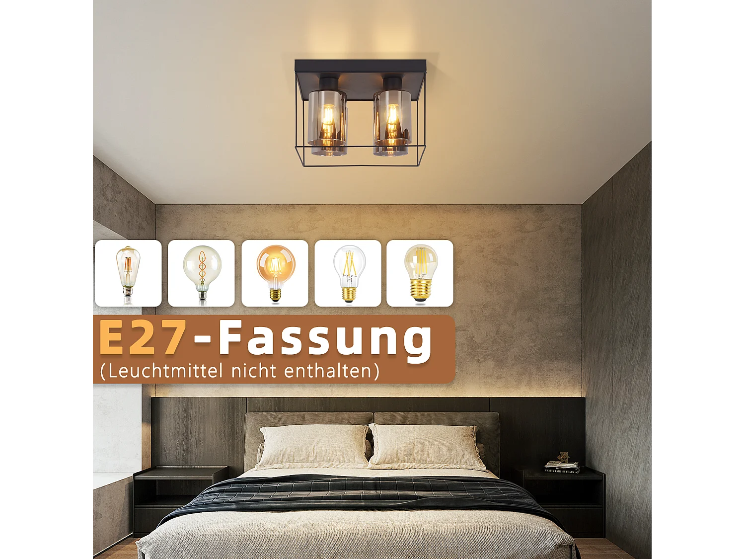 NETTLIFE Plafonnier salon plafonnier verre 4 ampoules E27 vintage noir style industriel métal rétro