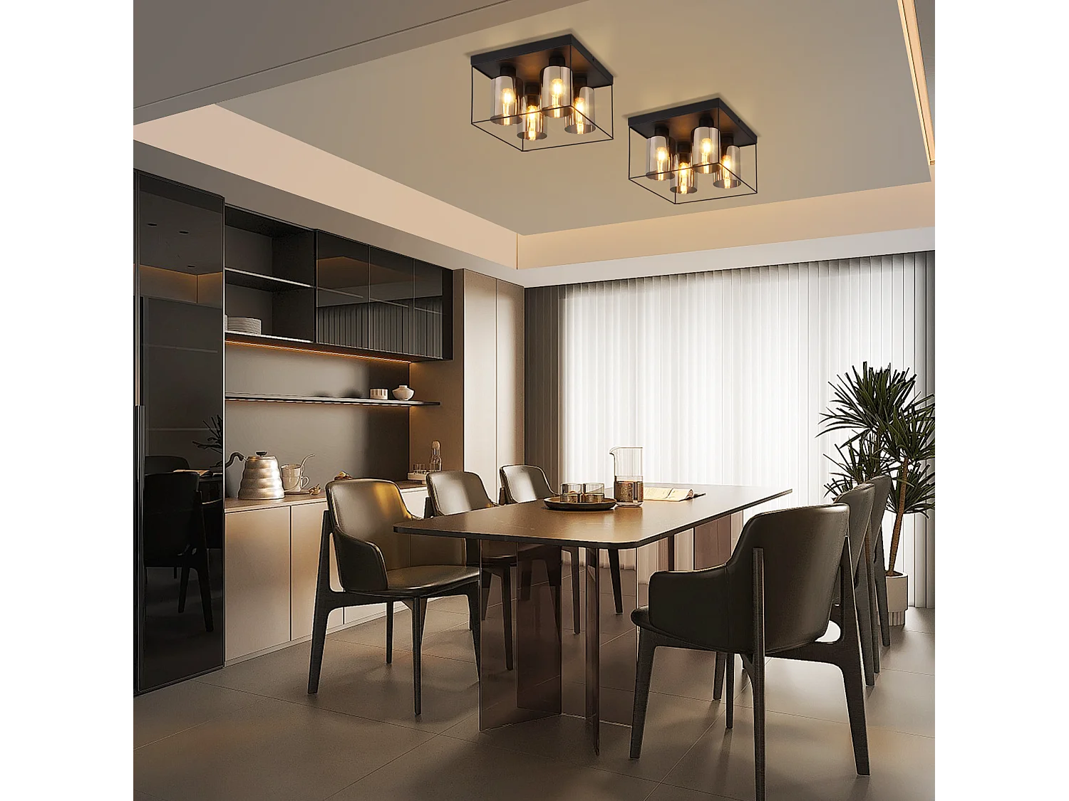 NETTLIFE Plafonnier salon plafonnier verre 4 ampoules E27 vintage noir style industriel métal rétro