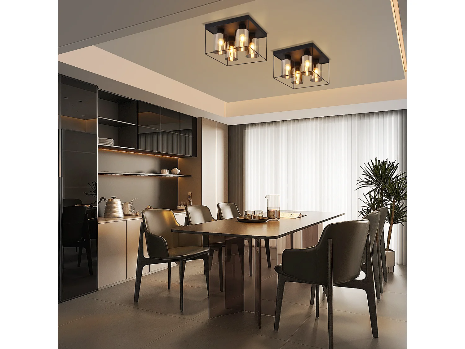 NETTLIFE Plafonnier salon plafonnier verre 4 ampoules E27 vintage noir style industriel métal rétro