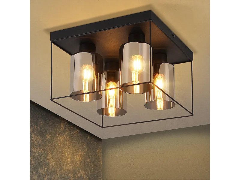 NETTLIFE Plafondlamp Glas – zwart - E27 Fitting - 4-Lichts - Vintage Ganglamp – Metaal - voor Slaapkamer | Woonkamer – Zonder Lichtborn