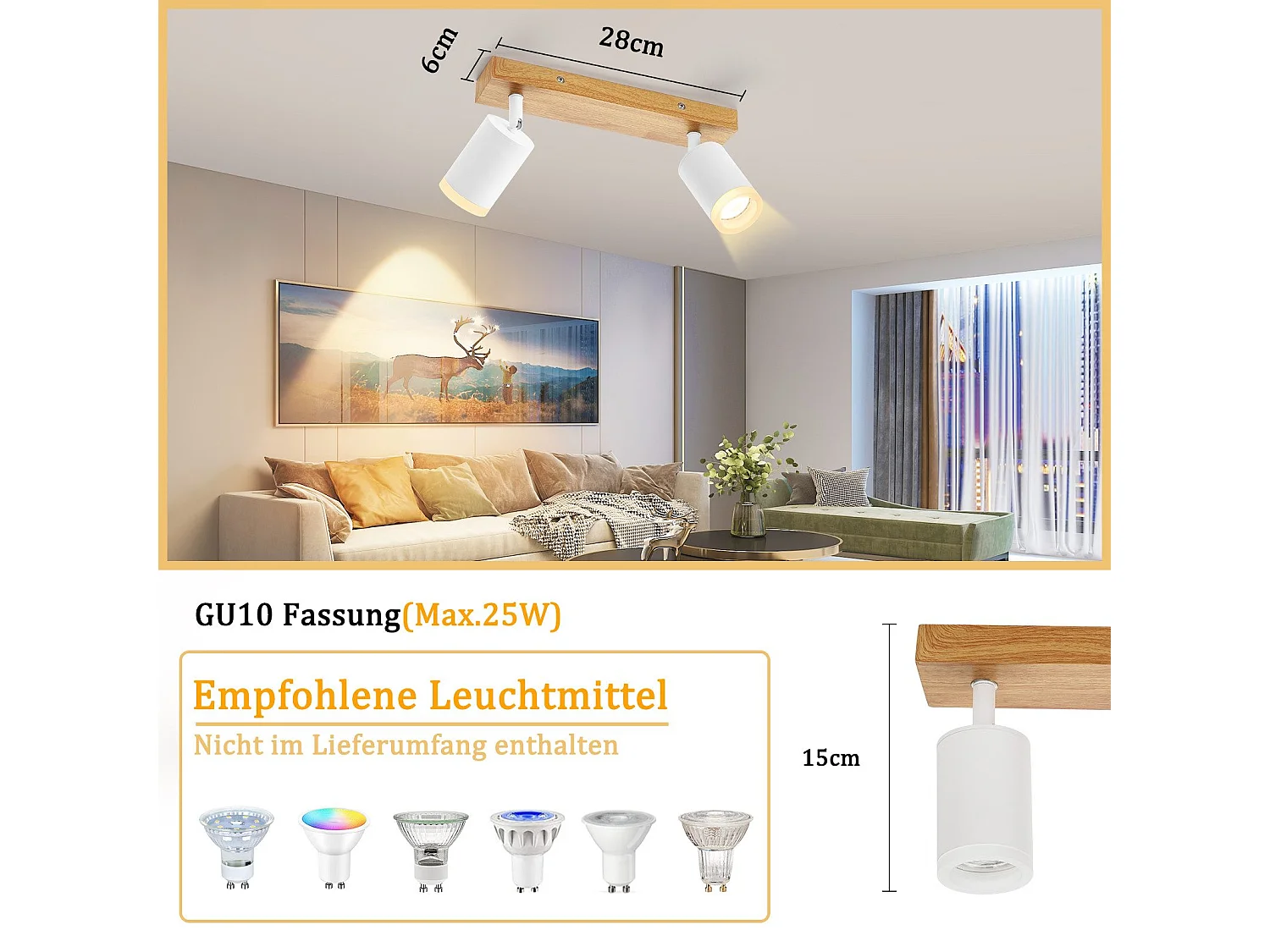 NETTLIFE Spot de plafond blanc GU10 spot mural en bois vintage pivotant sans ampoule orientable à 350° industriel