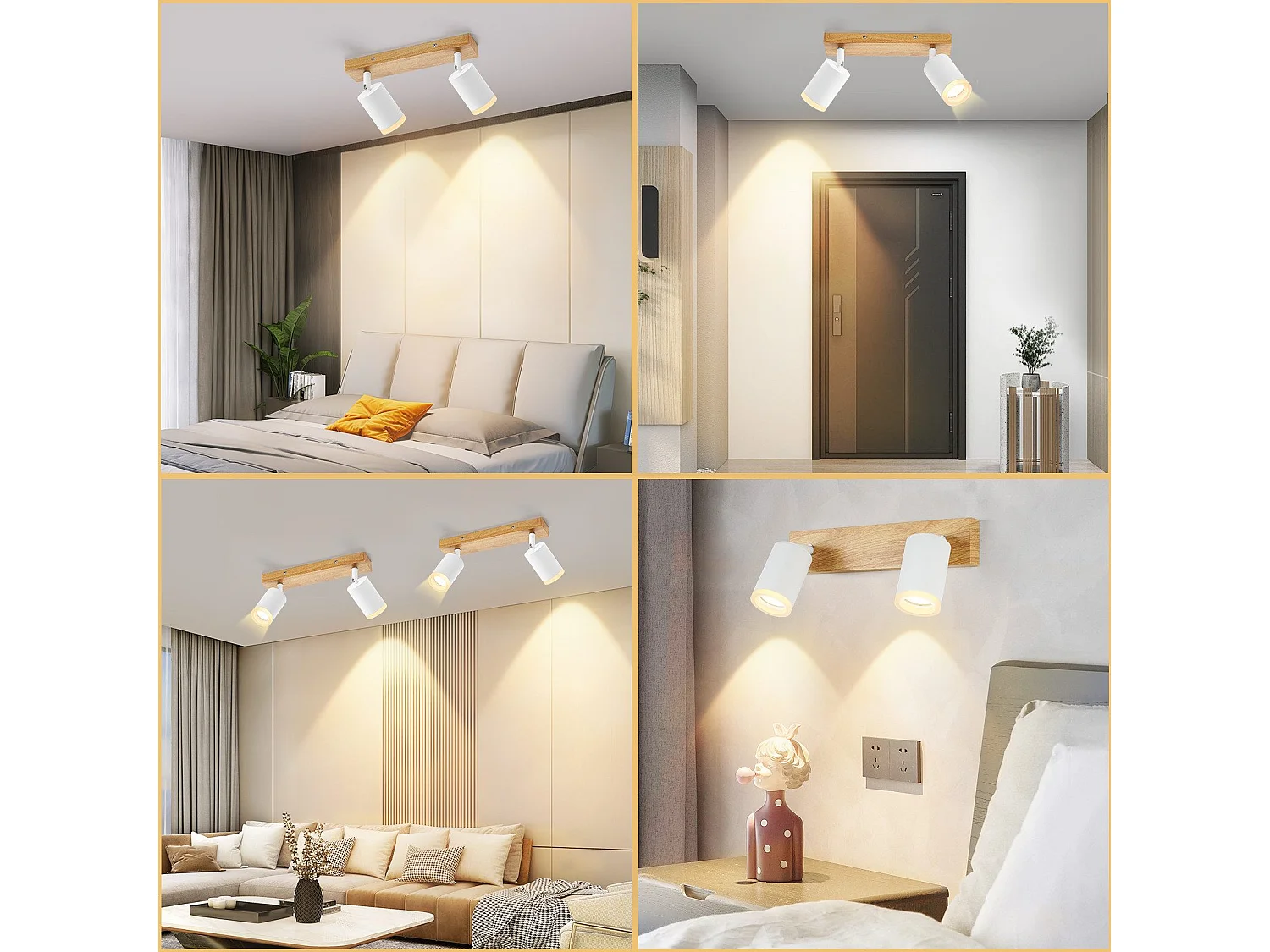 NETTLIFE Spot de plafond blanc GU10 spot mural en bois vintage pivotant sans ampoule orientable à 350° industriel