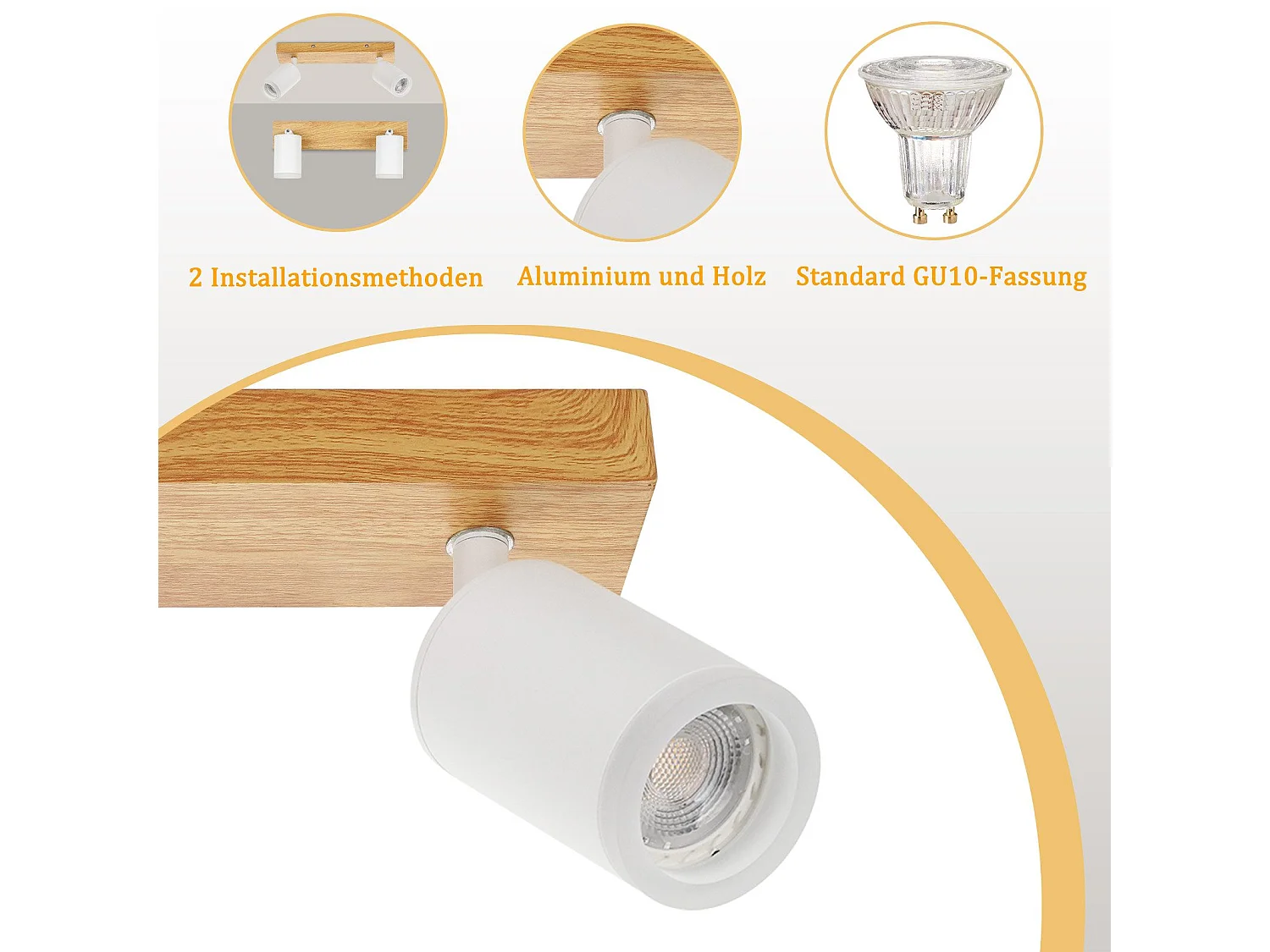 NETTLIFE Spot de plafond blanc GU10 spot mural en bois vintage pivotant sans ampoule orientable à 350° industriel