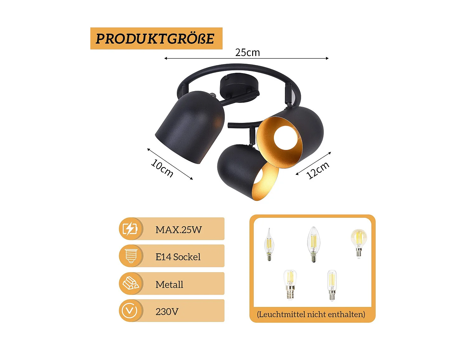 NETTLIFE Lampa sufitowa E14 czarno-złota vintage sufitowa reflektor regulowany bez żarówki 350° regulowany