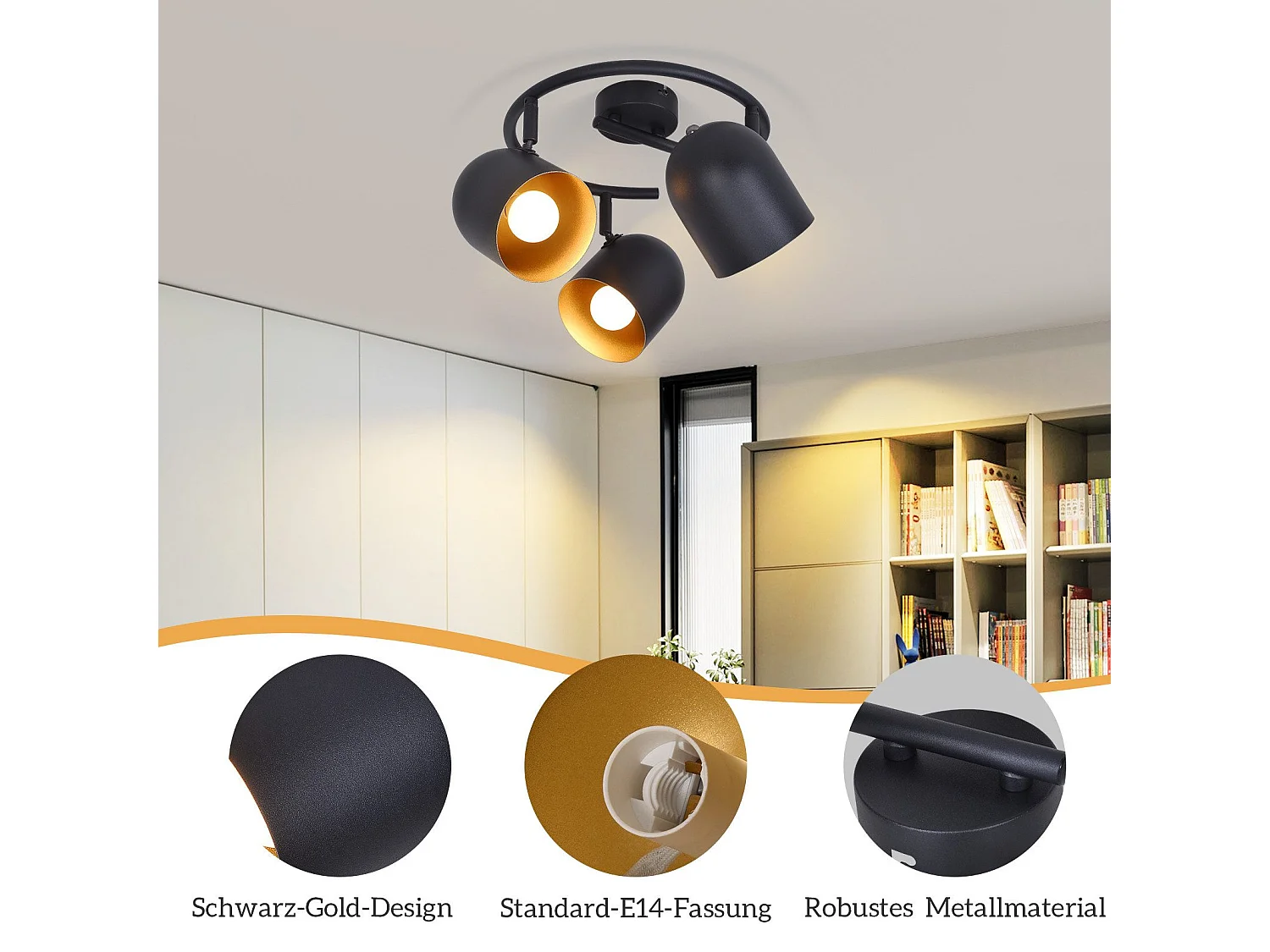 NETTLIFE E14 Schwarz-Goldener Vintage-Deckenstrahler mit verstellbarer Leuchte (Leuchtmittel nicht enthalten) und 350°-Drehung