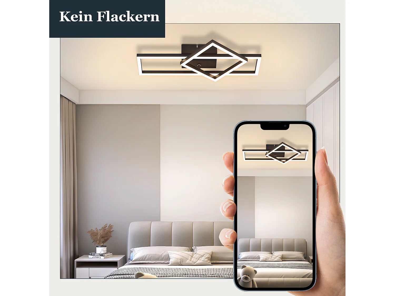 NETTLIFE Lampa sufitowa LED do salonu Lampa sufitowa o mocy 20 W, ciepła biel, nowoczesny design, kwadratowa czarna lampa