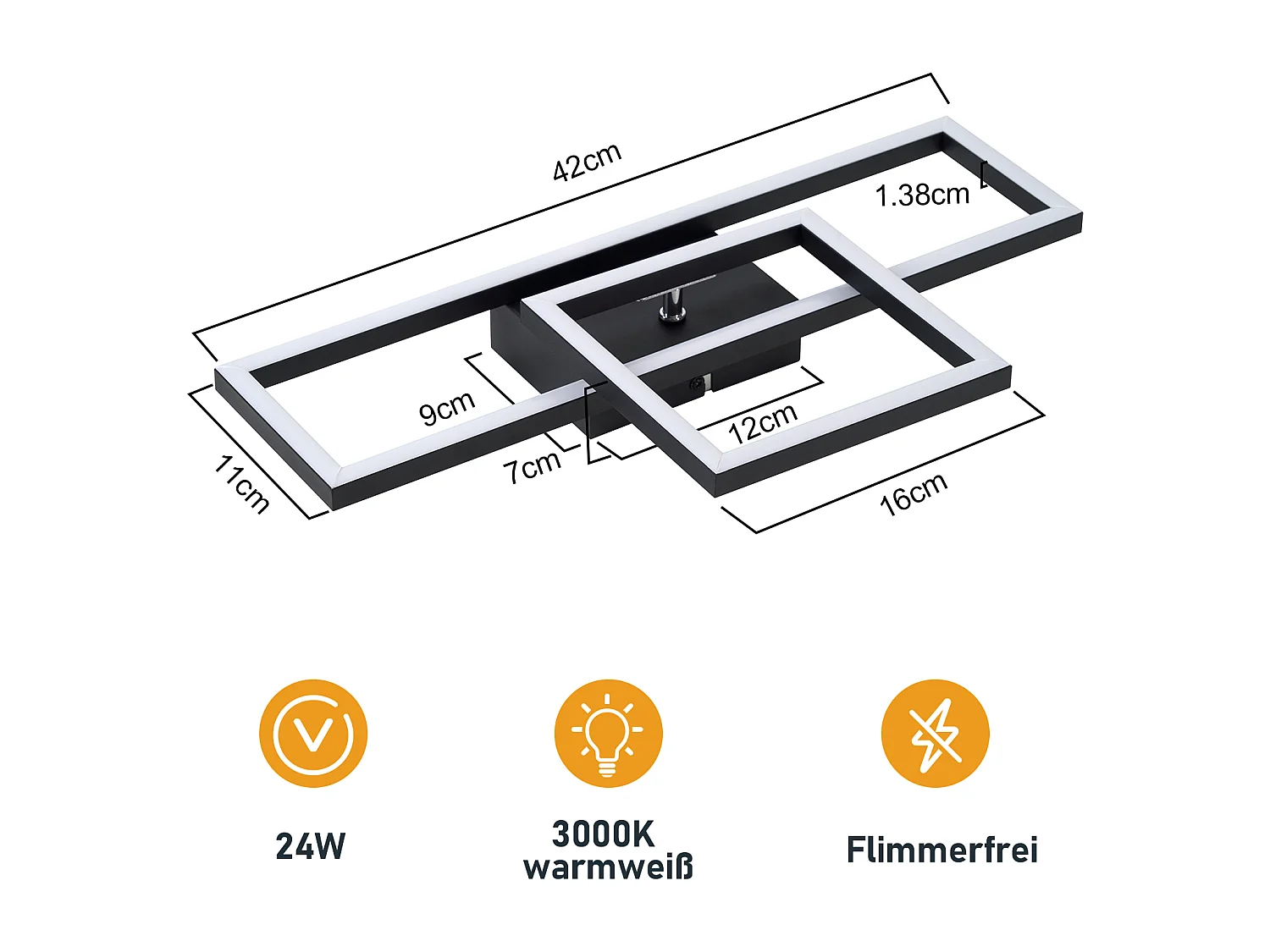 NETTLIFE Lampa sufitowa LED do salonu Lampa sufitowa o mocy 20 W, ciepła biel, nowoczesny design, kwadratowa czarna lampa